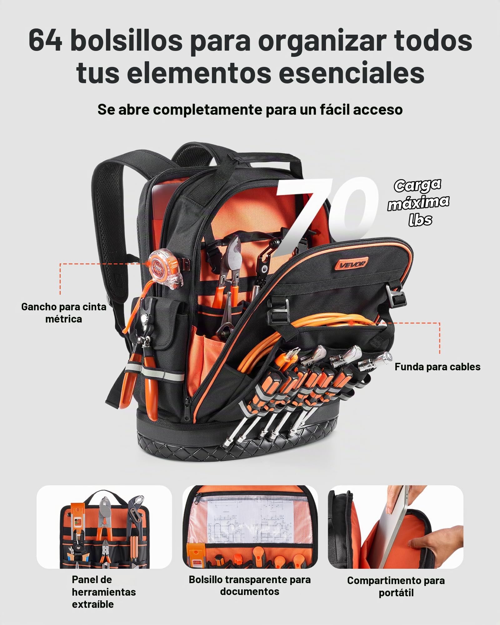 VEVOR Mochila para Herramientas, Mochila de Trabajo 365 x 195 x 470 mm con 64 Bolsillos, Compartimento para Portátil y Base Moldeada, Organizador de Herramientas para Electricistas, Reparadores