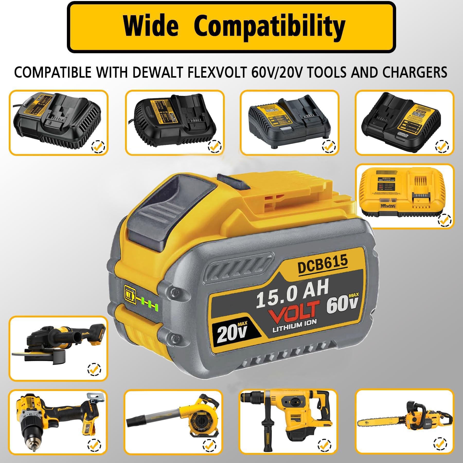 LONG FIT 2PACKS 60V MAX 15000mAh Replace for DeWalt Battery DCB606 DCB609 DCB612 DCB615 Compatible with DeWalt 20V/60V Power Tools and Chargers