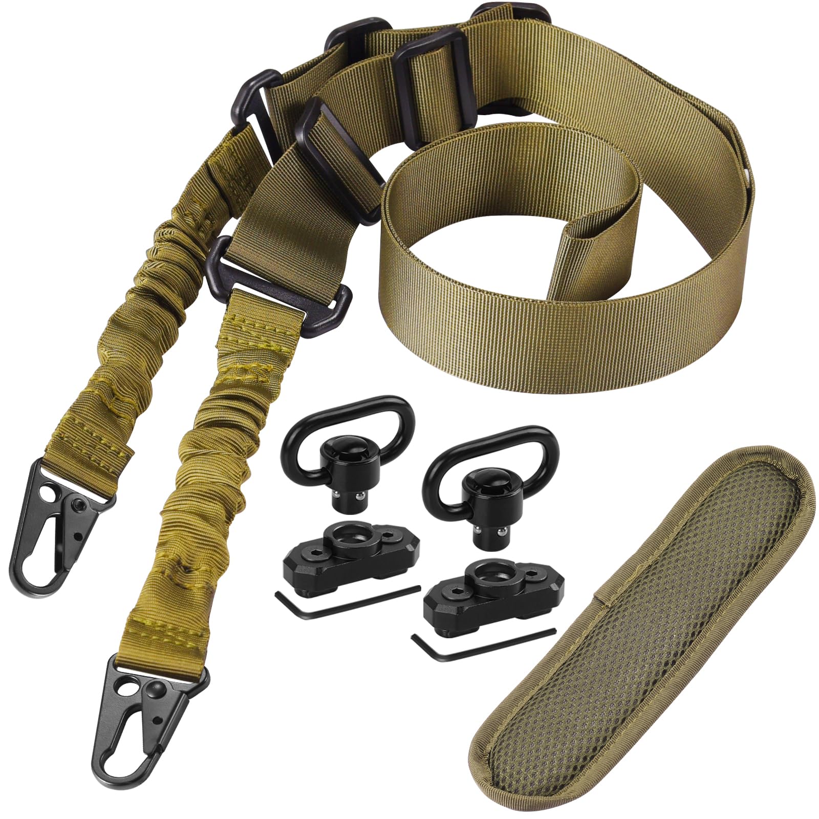 REERON Two Point Traditional Slings Set | Extra Long Adjustable Rifle 2 Point Sling + 2 Pack 360° Rotation 1.25" QD Sling Swivel Mounts for M-Rails + Shoulder Pad