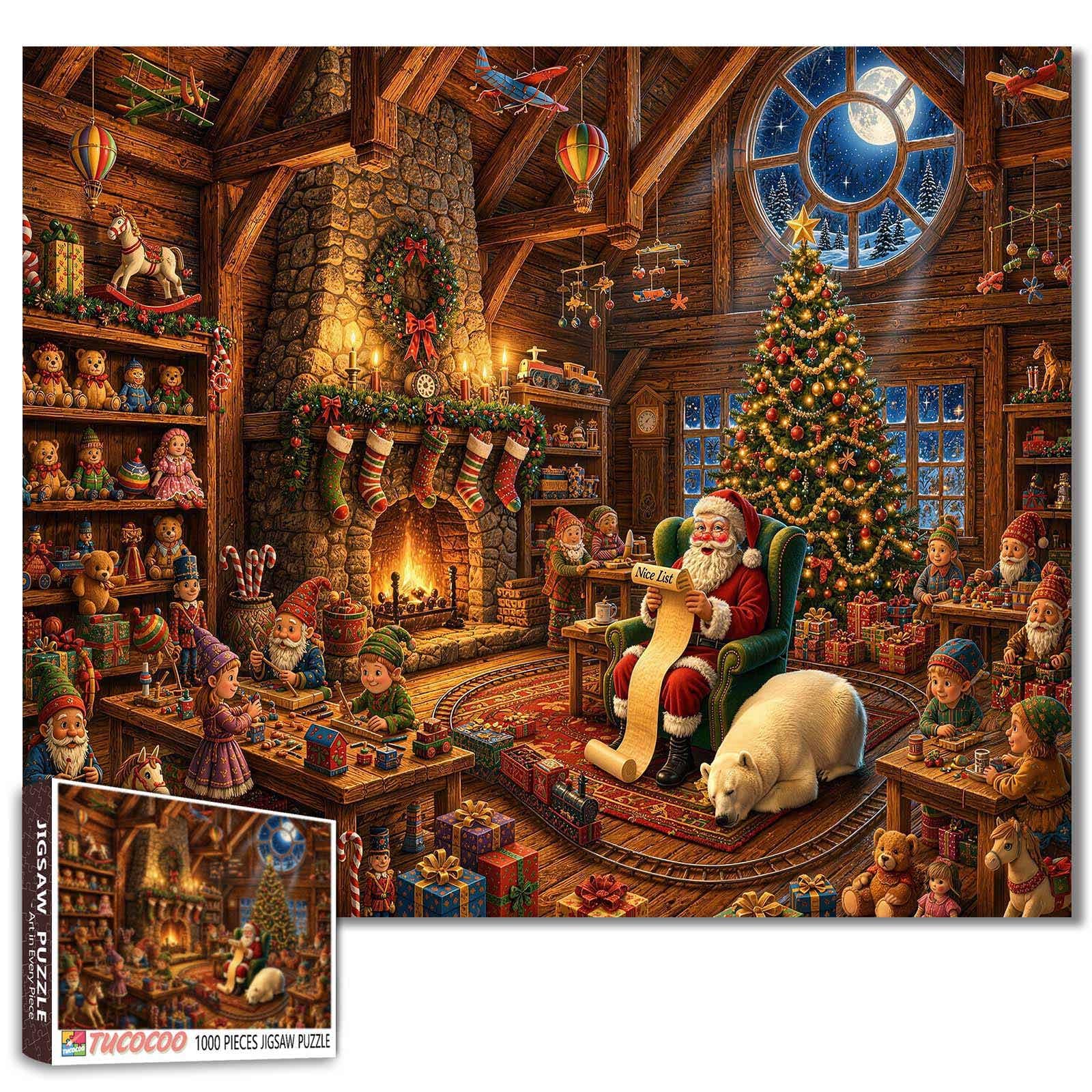 Santa Claus and Elves Jigsaw Puzzles for Adults 1000 Pieces Wooden Workshop Polar Bear Christmas Scene DIY Puzzle Family Games Wall Decor Gifts 19.7 x 27.6 Inch โ image 1