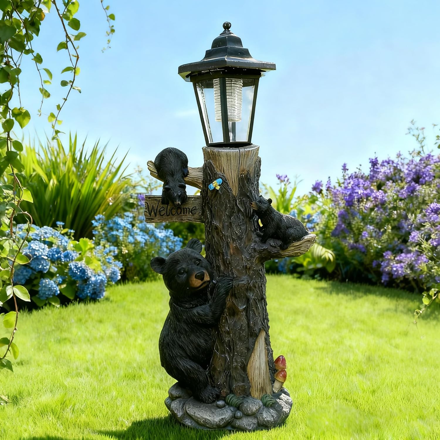 Bear Statue Welcome Sign Garden Statue with Solar Lights, 19 Inches Resin Bear Family on The Tree, Outdoor Bear Décor for Yard, Garden, Lawn, Patio, Black, Easter Decorations for Home