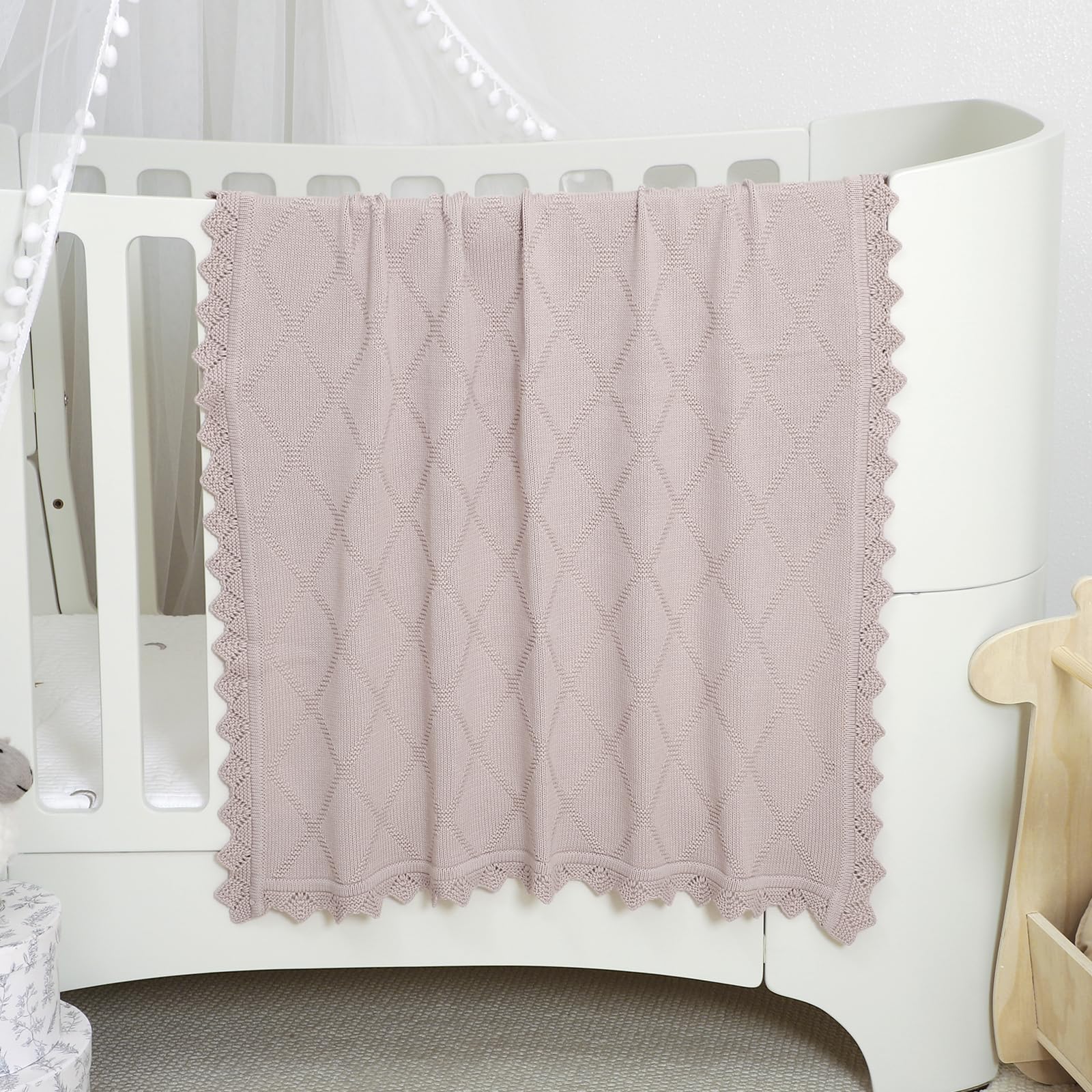 mimixiong Baby Blanket 100% Cotton Knitted Soft Knit Crochet Blankets for Newborn Boy Girls Toddler 100x80cm (Pink Purple) - Image 3