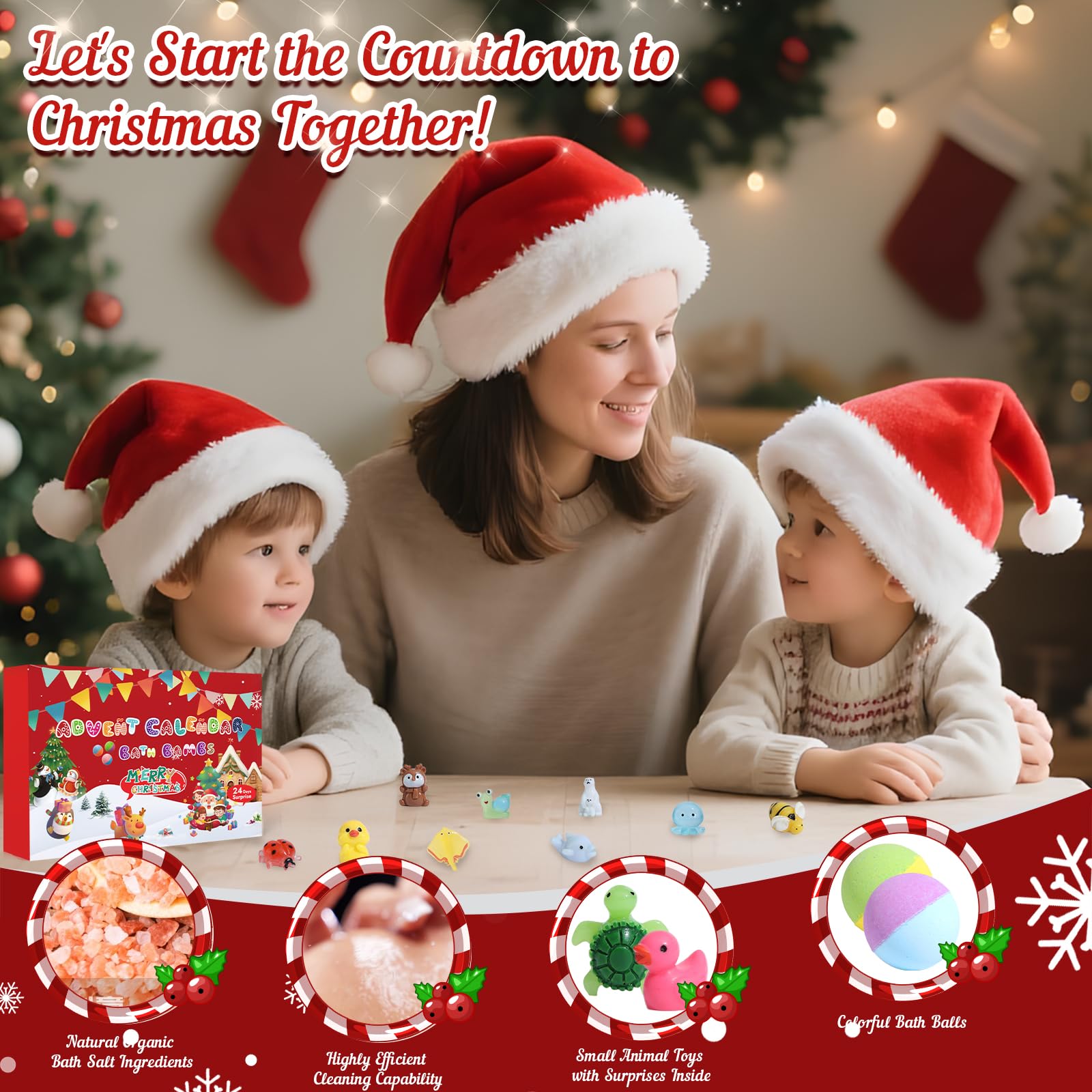 Calendario de Adviento 2026 Bomba de baño infantil, bombas de baño de Navidad para niños con 24 animales sorpresa, bombas de baño de espuma natural y orgánicas hechas a mano, regalo de Navidad para