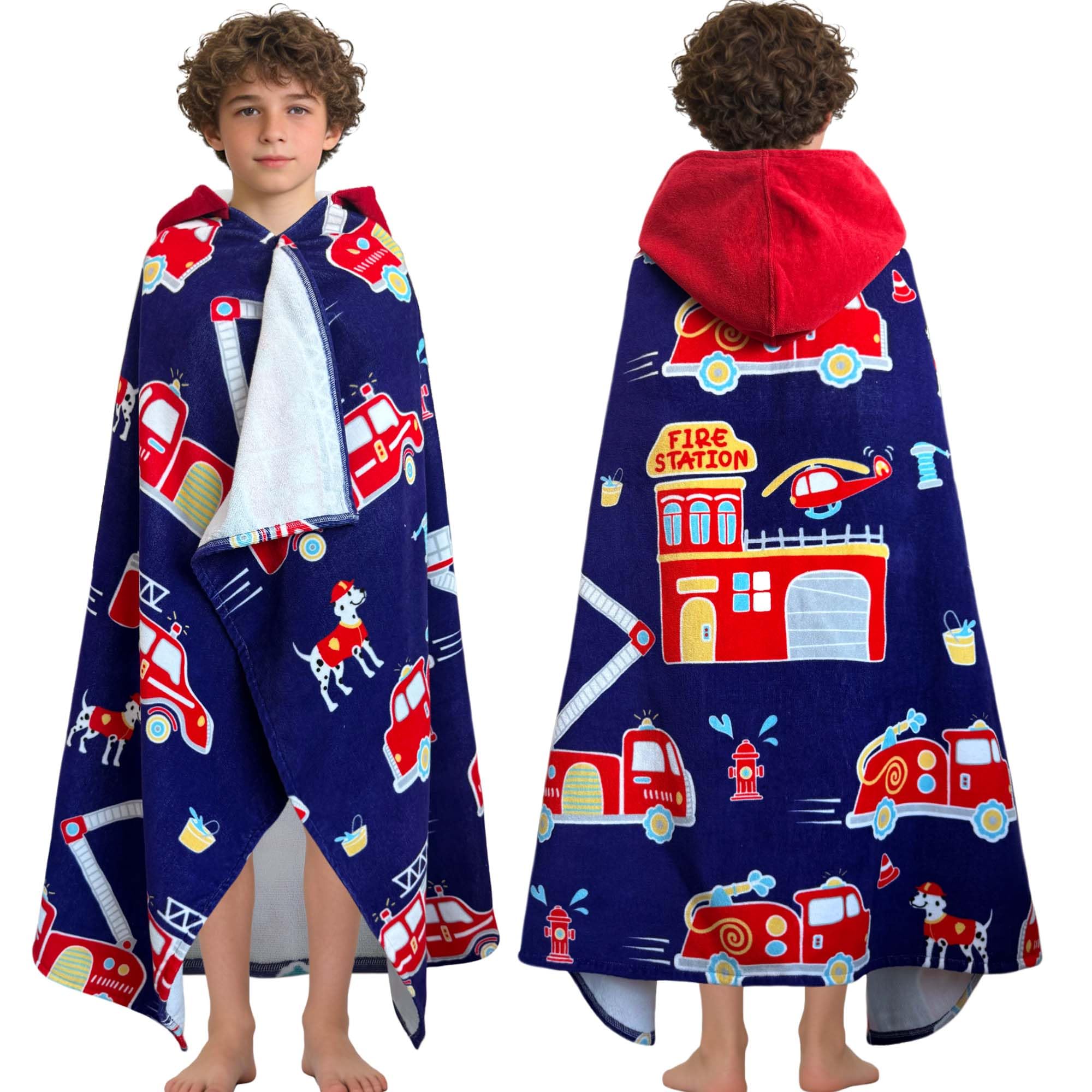 VOOVA & MOVAS Fire Truck Kid Beach Towel (8Years Up),100% Cotton,Absorbent | 59"x41", Beach Pool Bath Towel,Gift,Wearable Towel,Thick,Skin-Friendly,Machine Washable Durable,Premium Quality Red Fire Truck-2 59"X41"(8 Years Up)