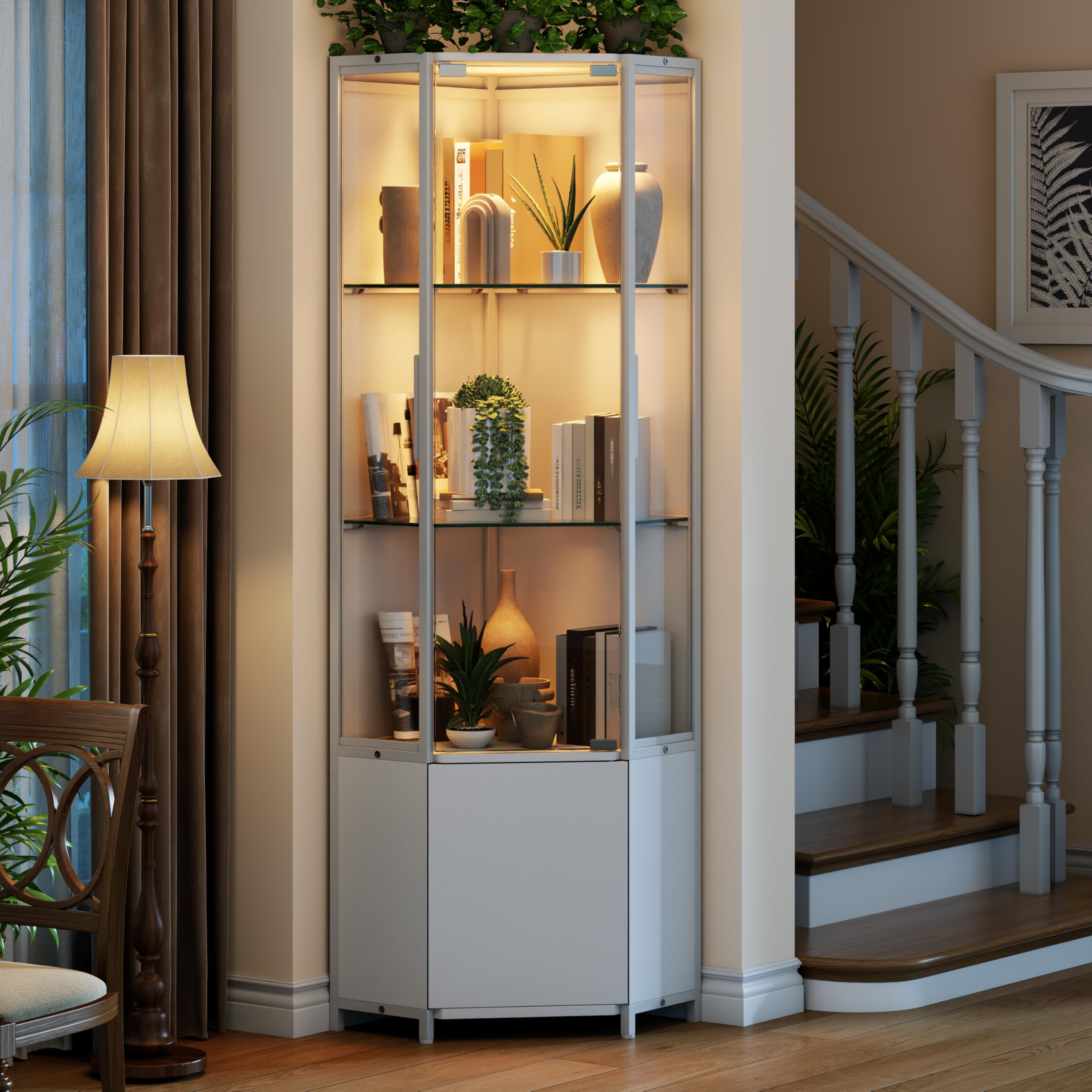 Eckvitrine mit Gehärtetem Glas，165cm Höhe Eck Vitrinenschrank mit LED Beleuchtung，3-stufige Schauvitrine und 1-stufige Cabient, Vitrine für Sammlerstücke, Spirituosen, Wohnzimmer, Schlafzimmer, Büro
