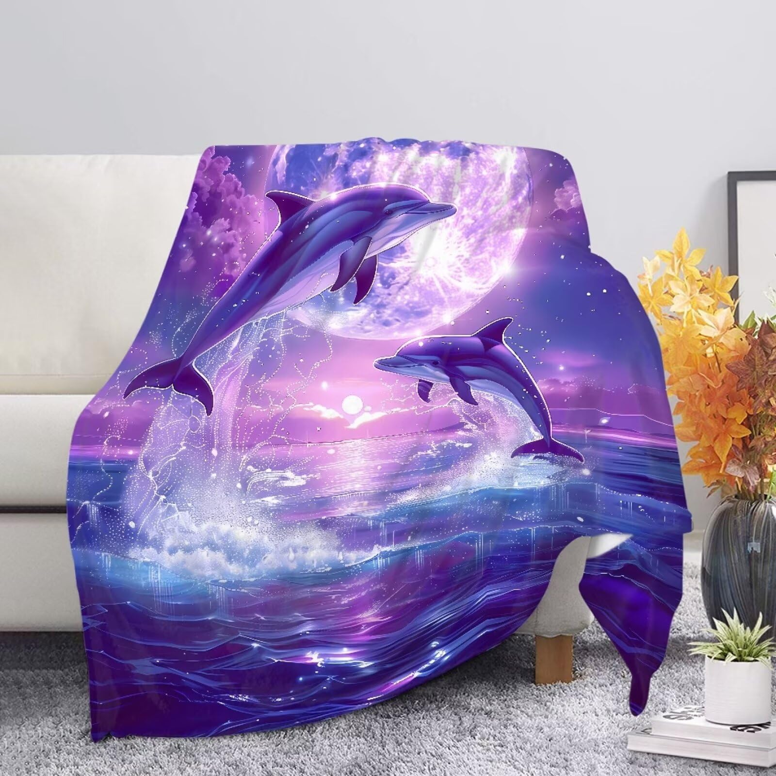 Allcute Novelty Print Fall Blanket for Couch Dreamlike Moon Dolphin Throw Blanket Spring Winter Warm Soft Chair Sofa Throws Bed Living Room Fuzzy Cozy Small Purple Blankets