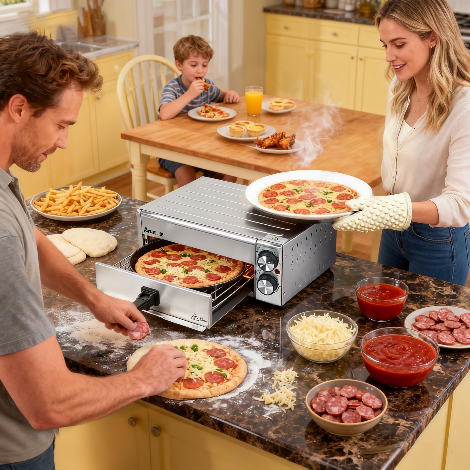Anatole Horno de Pizza Eléctrico Freidora de Aire Acero Inoxidable 12" 1800W Pizzera Sobremesa Tiempo Temperatura Ajustable Pizza Oven Interior Multifuncional con Parrilla Bandeja Extraíble