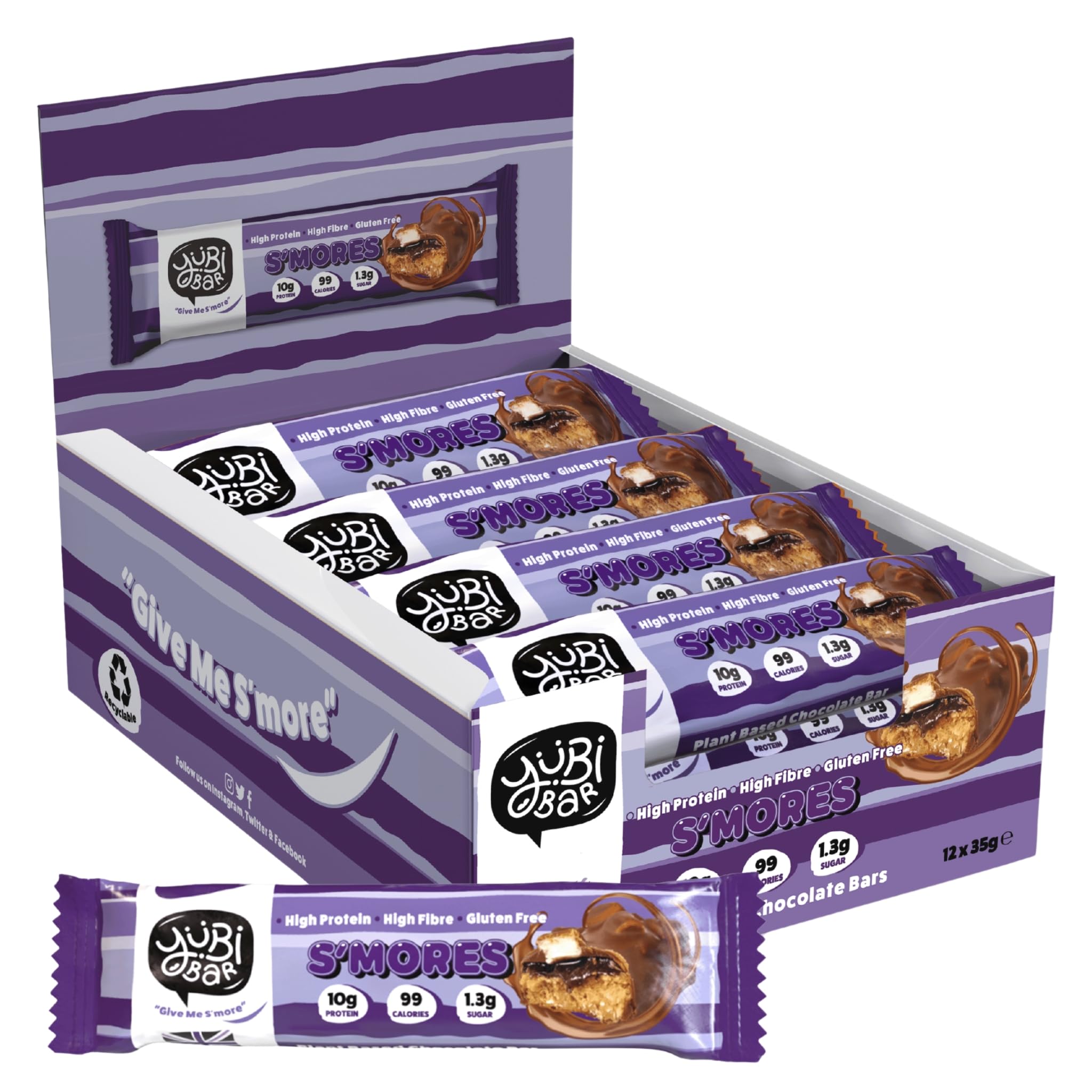 Yubi S'Mores - 12 Pack - Protein Bars - 99 Calories, High Protein, High Fibre, Low Sugar, Gluten Free and Dairy Free - Healthy Snacks/Nutrition Bar - Chocolate Bars - 420g