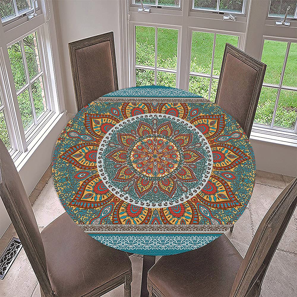 Fansu Blue Mandala Round Tablecloth Waterproof Wipe Clean, Circular Tablecloths Fitted Elastic Edged, Stain Resistant Polyester Table Cover For Dinning Room Kitchen Picnic Party (,Diameter 100Cm)