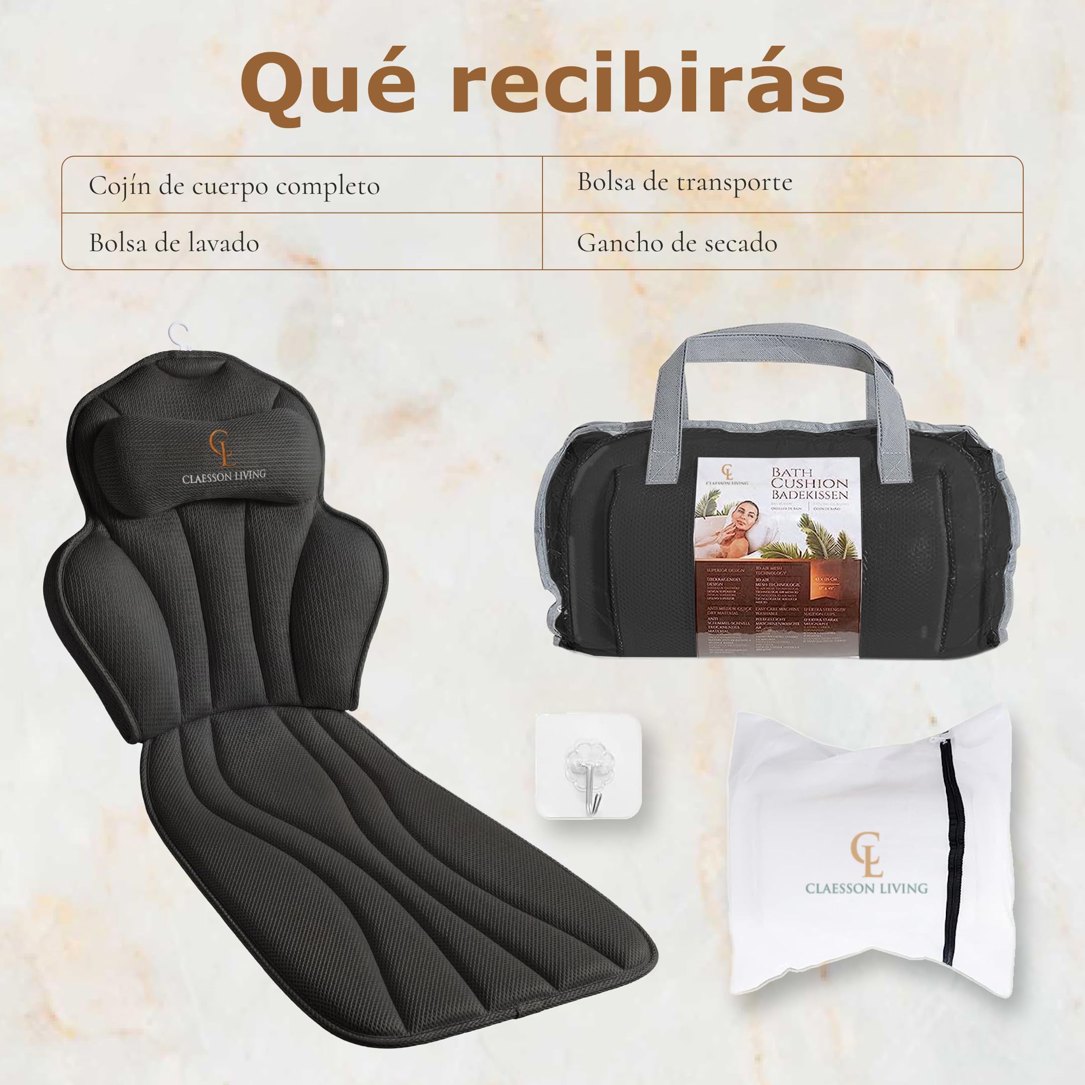 Cojin bañera (152x56cm) - Almohada bañera con apoyacabezas (11cm) y Soportes para el Cuello, Espalda y piernas – Incluye: Bath Pillow, Bolsas de Lavado y de Viaje, Gancho para Secado rápido Negro