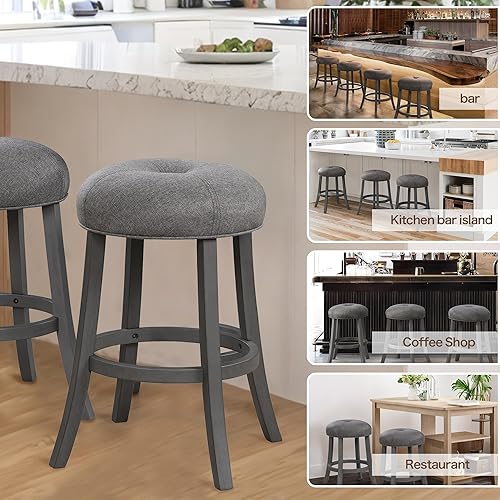 Miniatura 7 de Juego de 2 taburetes de bar de altura de mostrador de 26 pulgadas, modernos taburetes de bar sin espalda con asiento tapizado redondo grueso y patas