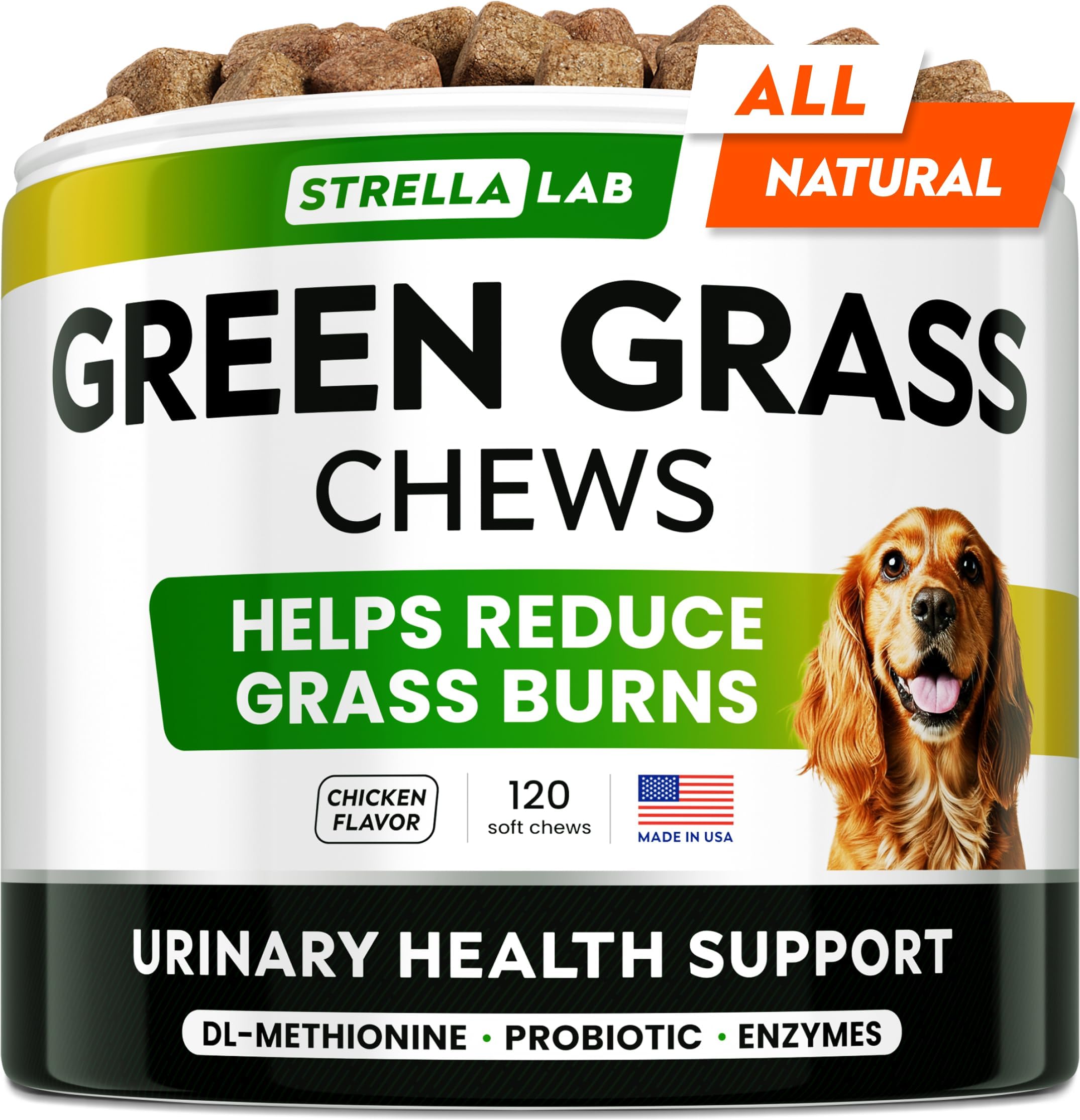 - STRELLALAB Green Grass Dog Chews - Dog Pee Grass Helper - Supplement Urine Neutralizer for Grass Burn Spots - Grass Treatment for Pet Urine - Pee Lawn Repair Treats with Probiotics - Made in USA