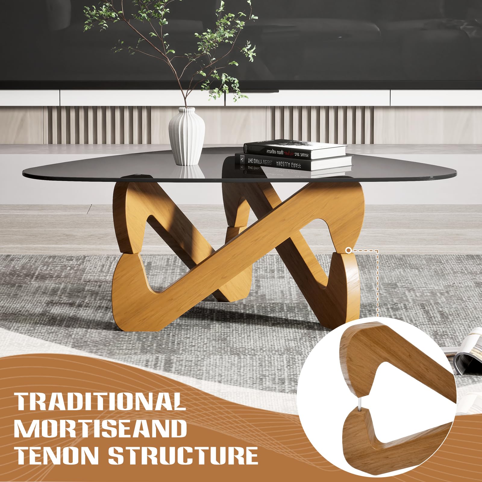 Table basse triangulaire en verre, table basse moderne avec base triangulaire en bois massif et verre trempé épaissi, table d'appoint, table basse inhabituelle pour salon bureau, 82 x 57 x 35 cm (gris