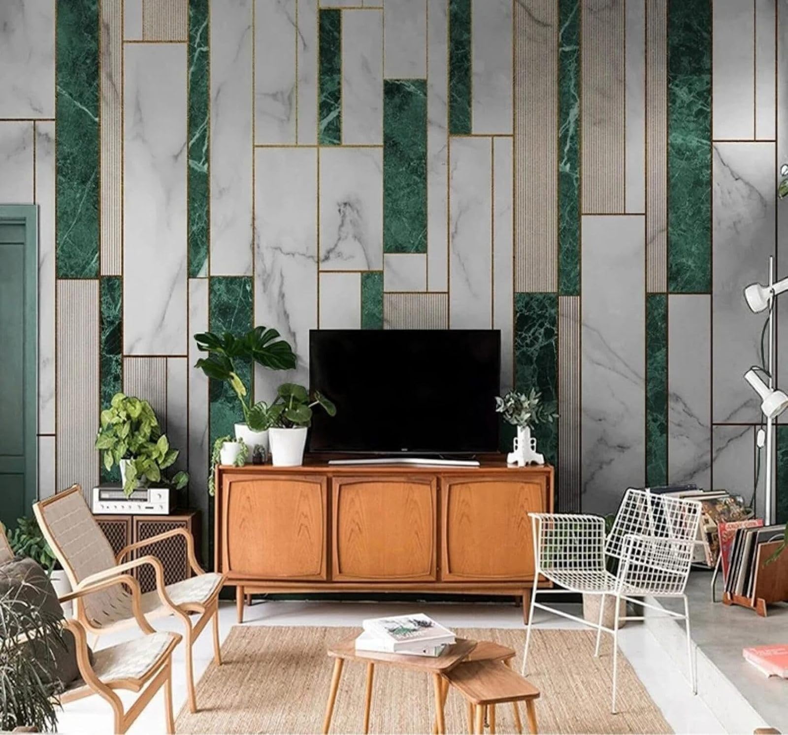 Xlming 250Cm×170Cm(B×H) Abstract Green White Geometric Marble Effect 3D Wallpaper Luxury Silk Study Dining Feature Sofa Grey Bedroom Living Room Tv Decorative Wall-250Cm×170Cm