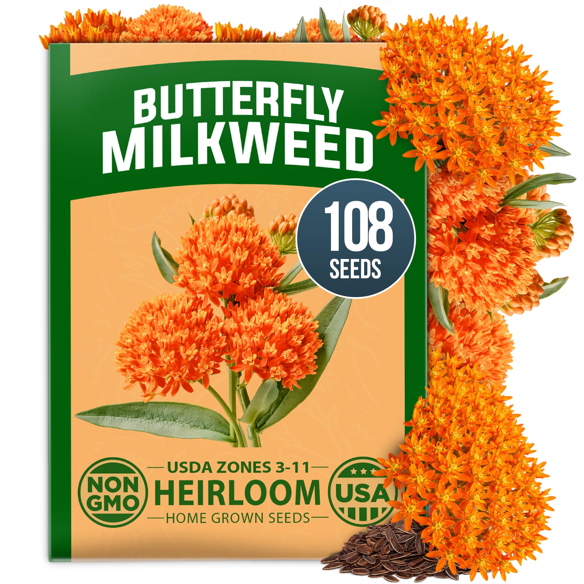 HOME GROWN Milkweed Butterfly Seeds – 108 (Asclepias Tuberosa)