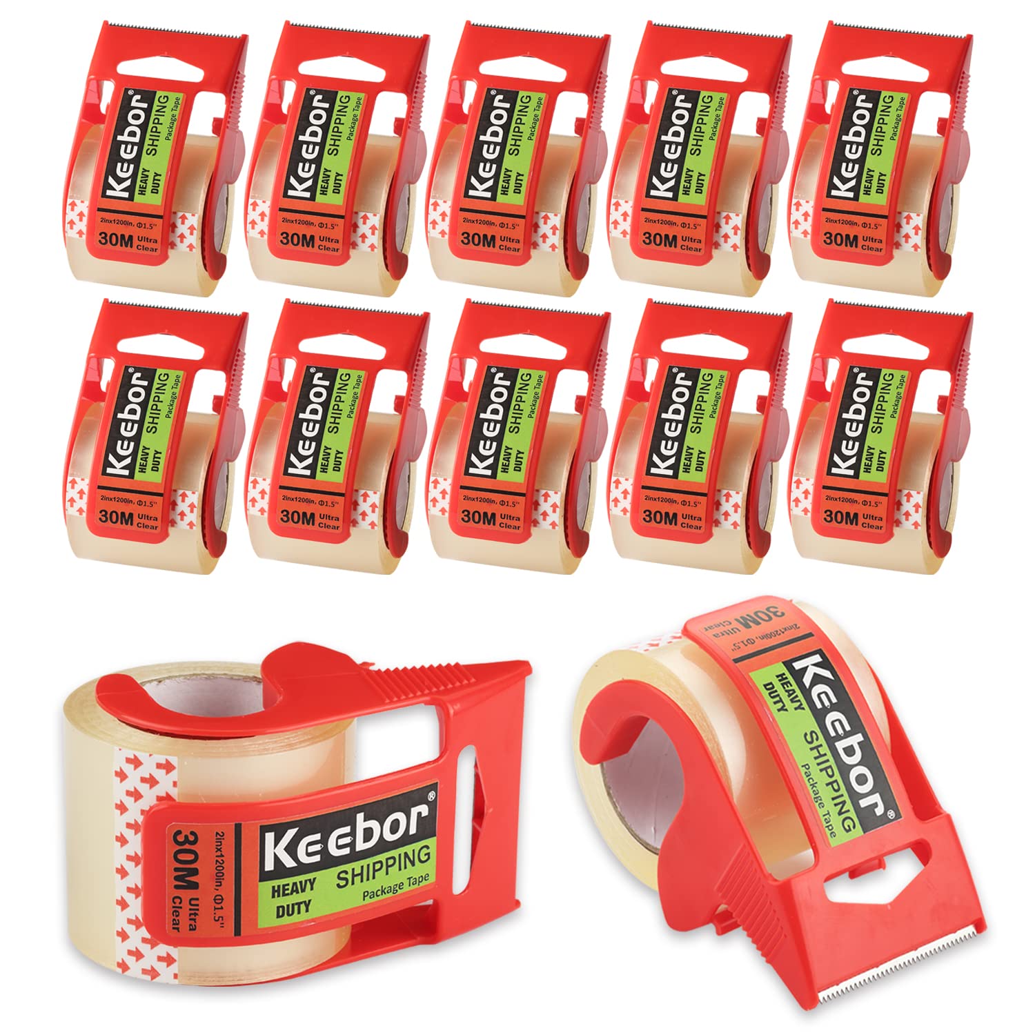 KeeborShipping Packaging Tape with Dispenser, 12 Rolls Clear Packing Tape for Moving Boxes, Quiet Unwind, 2'' x 32.8 yd, 1.5'' Core