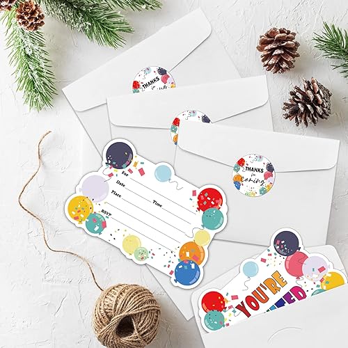 Miniatura 6 de REWIDPARTY Invitaciones de fiesta de globos coloridos con sobres y calcomanías (juego de 15) invitaciones de relleno de globos, suministros de