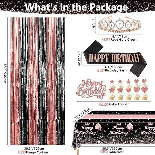 Miniatura 10 de Decoraciones de fiesta de oro rosa y negro – Cartel de feliz cumpleaños, globos, cortinas de flecos, mantel y decoración de pastel para niñas de 1