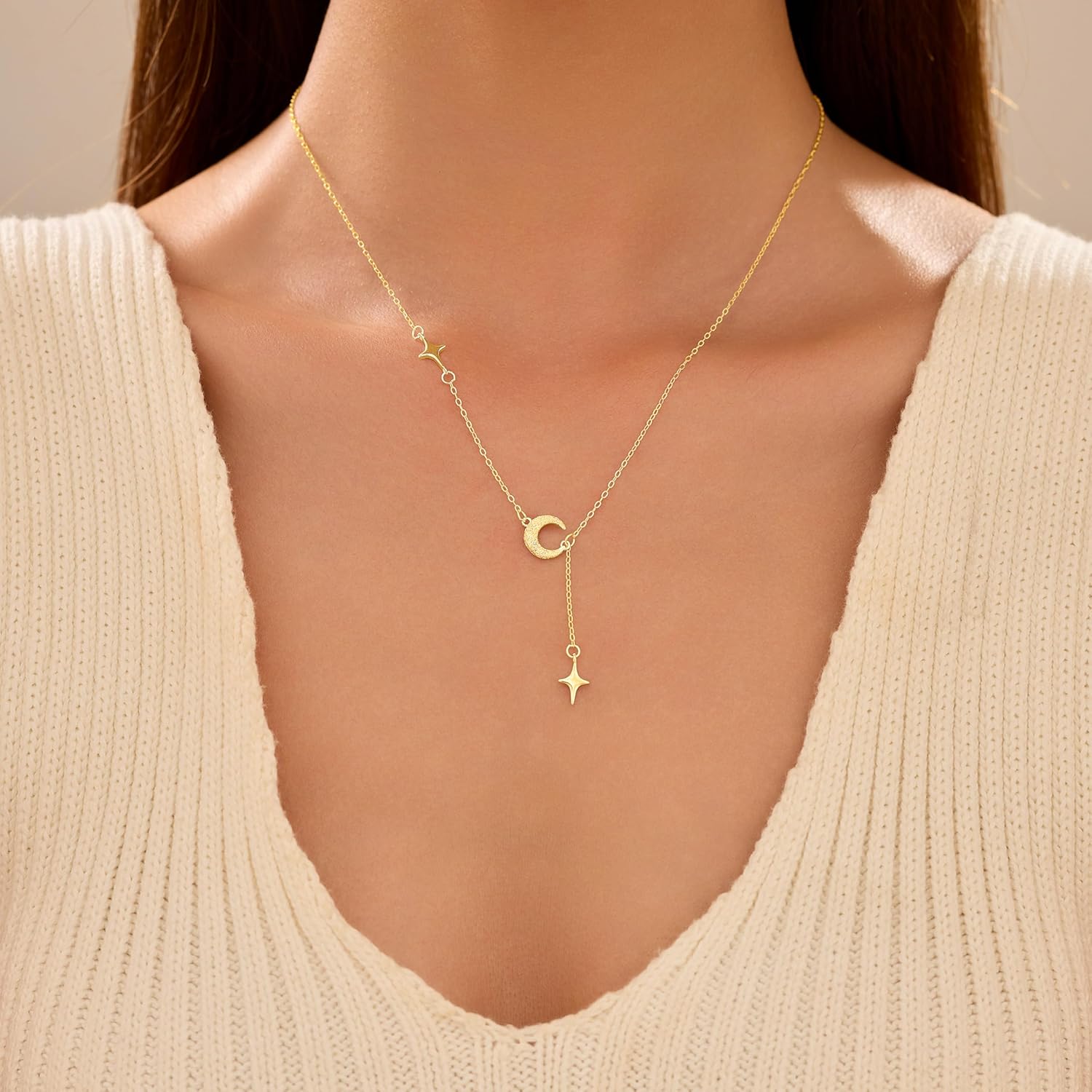 Dainty Crescent Moon Star Necklace for Women 925 Sterling Silver Y Shape Drop Lariat Necklace Trendy Pendant Choker Necklace Jewelry Birthday Ramadan Mothers Day Jewelry Gifts