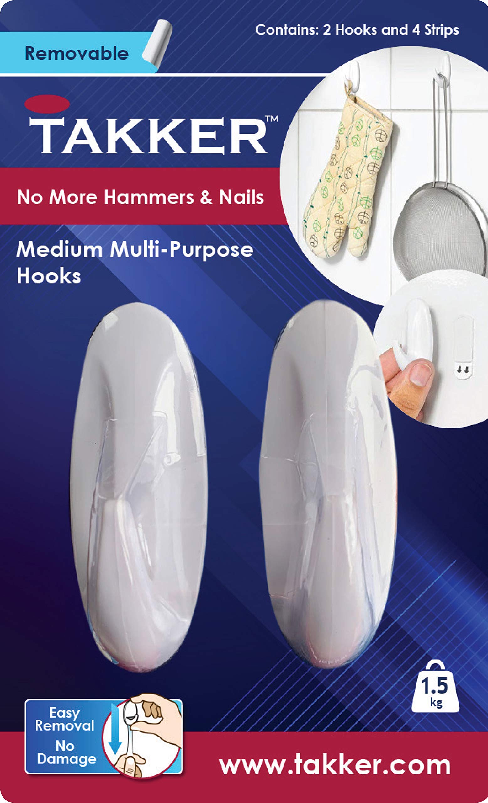 Takker - 2X Hooks 4X Strips | Medium | Multi-Purpose Hooks, Strong Adhesive, Easy Application, Damage-Free Removal, Re-Useable