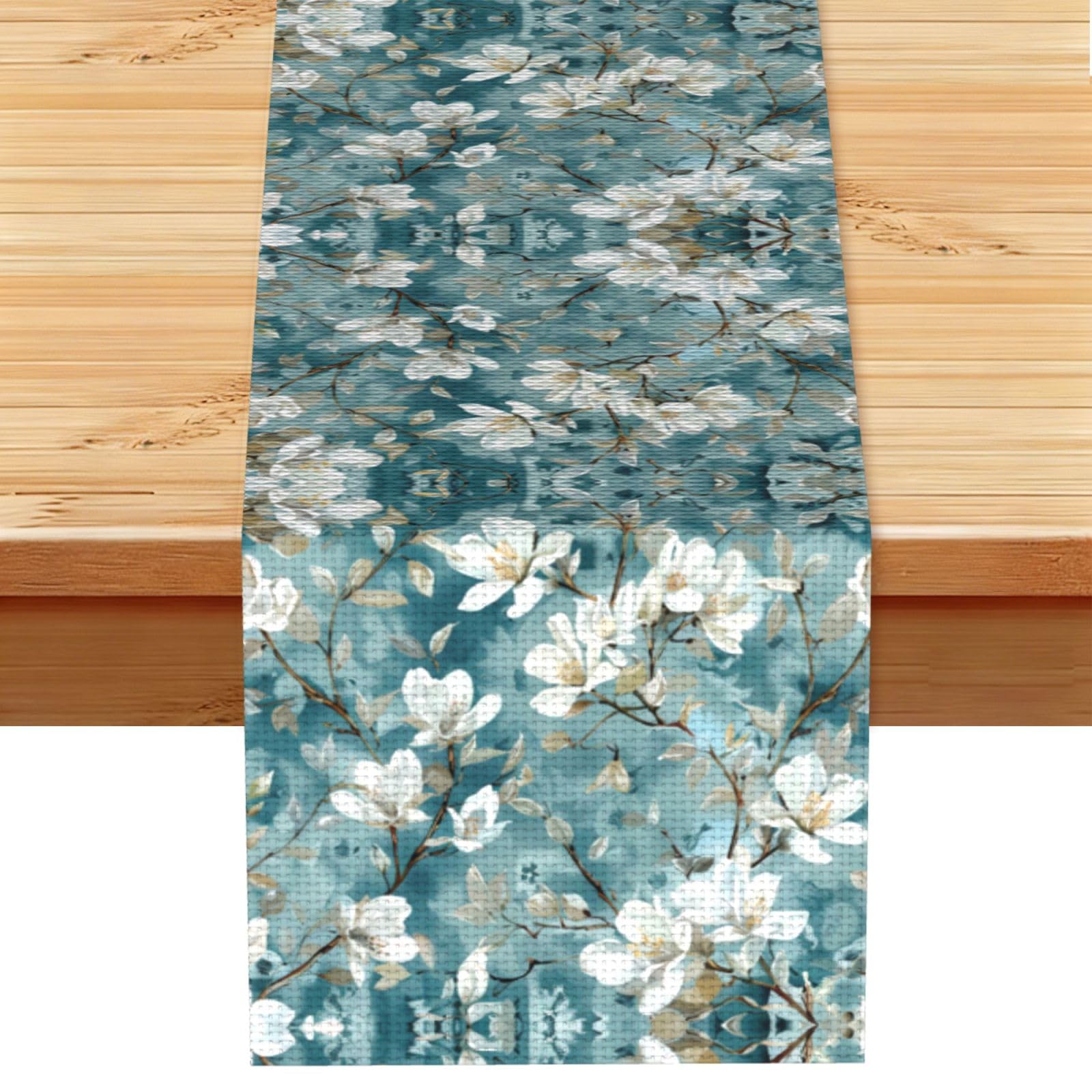 Elegant White Teal Blossom Printed Table Runner 13 x 72, Wrinkle Resistant Decor for Dining Table Coffee Table Fireplace