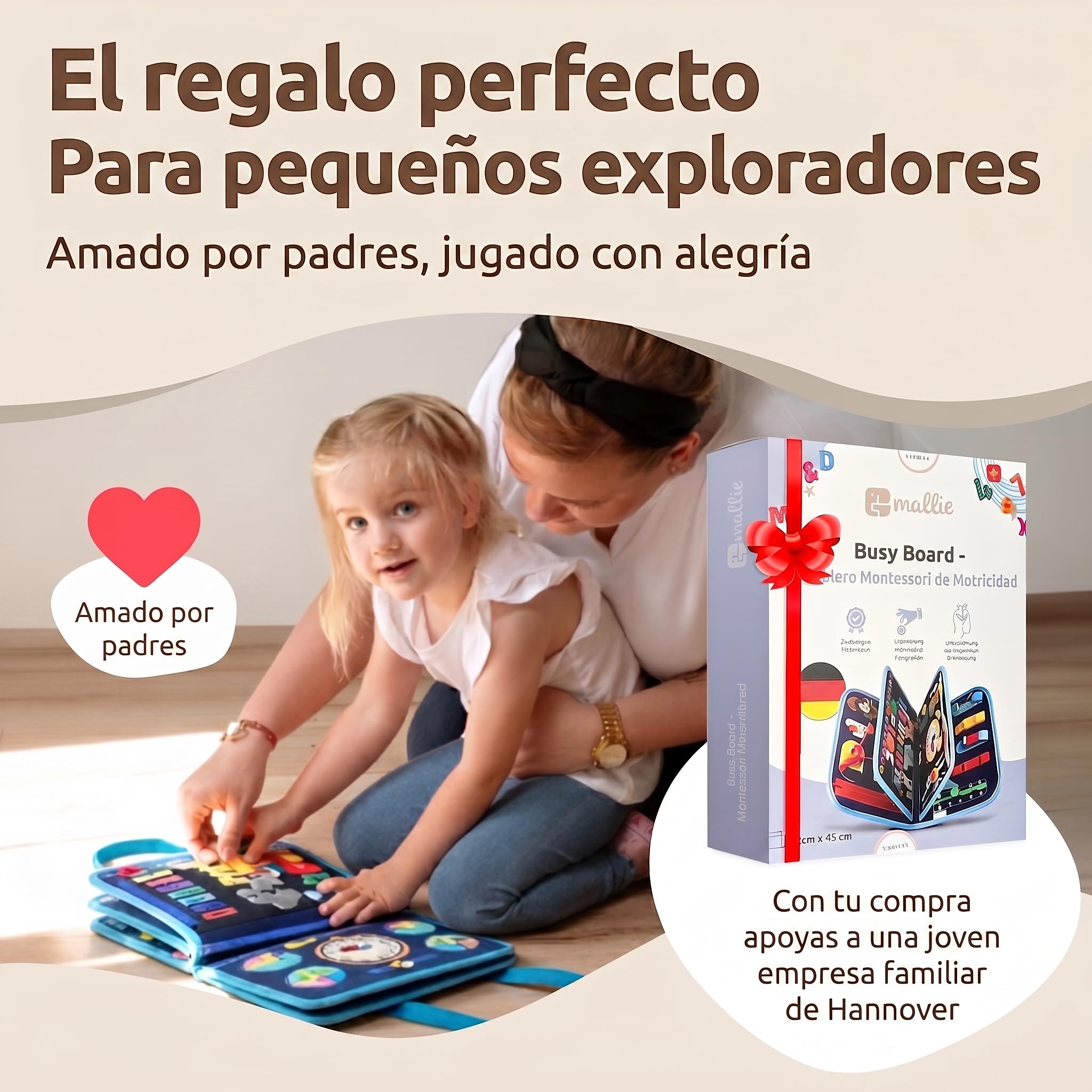 Mallie® Montessori Busy Board en Español para 1 2 3 años con Juego de rol y Marionetas – Busy Board, Libro Montessori 1 Año, Busy Book, Libro Sensorial Bebe 1 Año, Libro Montessori 2 Años
