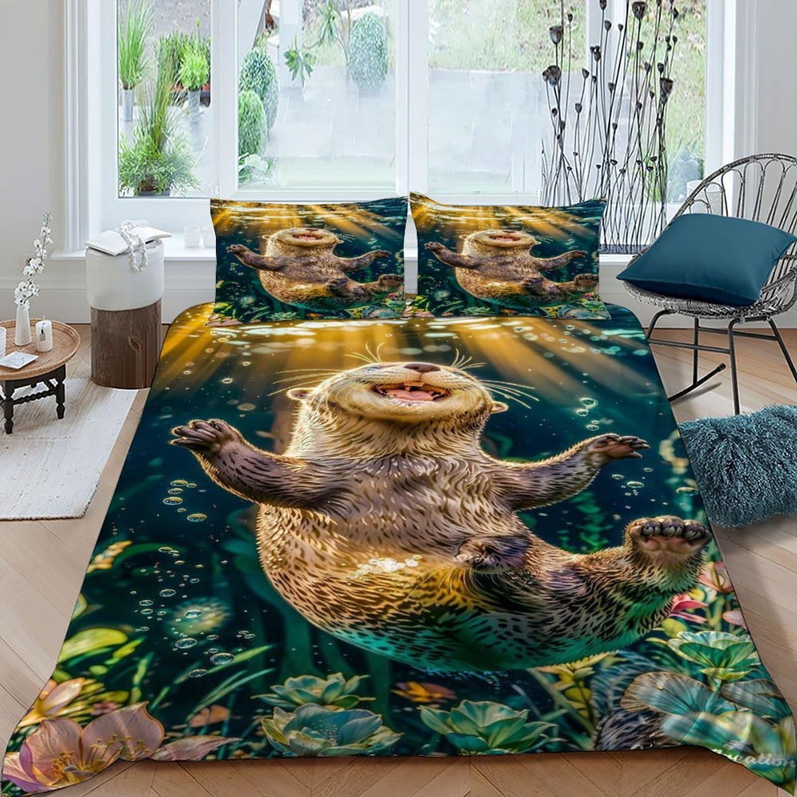 Otter Aquatic Bedding Set Theme Bedspread Animal Themes Marine Animals Duvet Cover Set Microfiber Quilt Cover Universal for All Seasons Pillowcase King（220x240cm）
