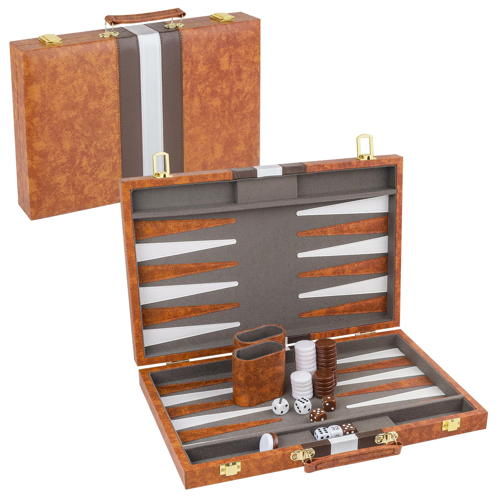 Backgammon Set, 15 Inch Portable Board Game with PU Leather Case for Adults, Brown Backgammon Travel Set