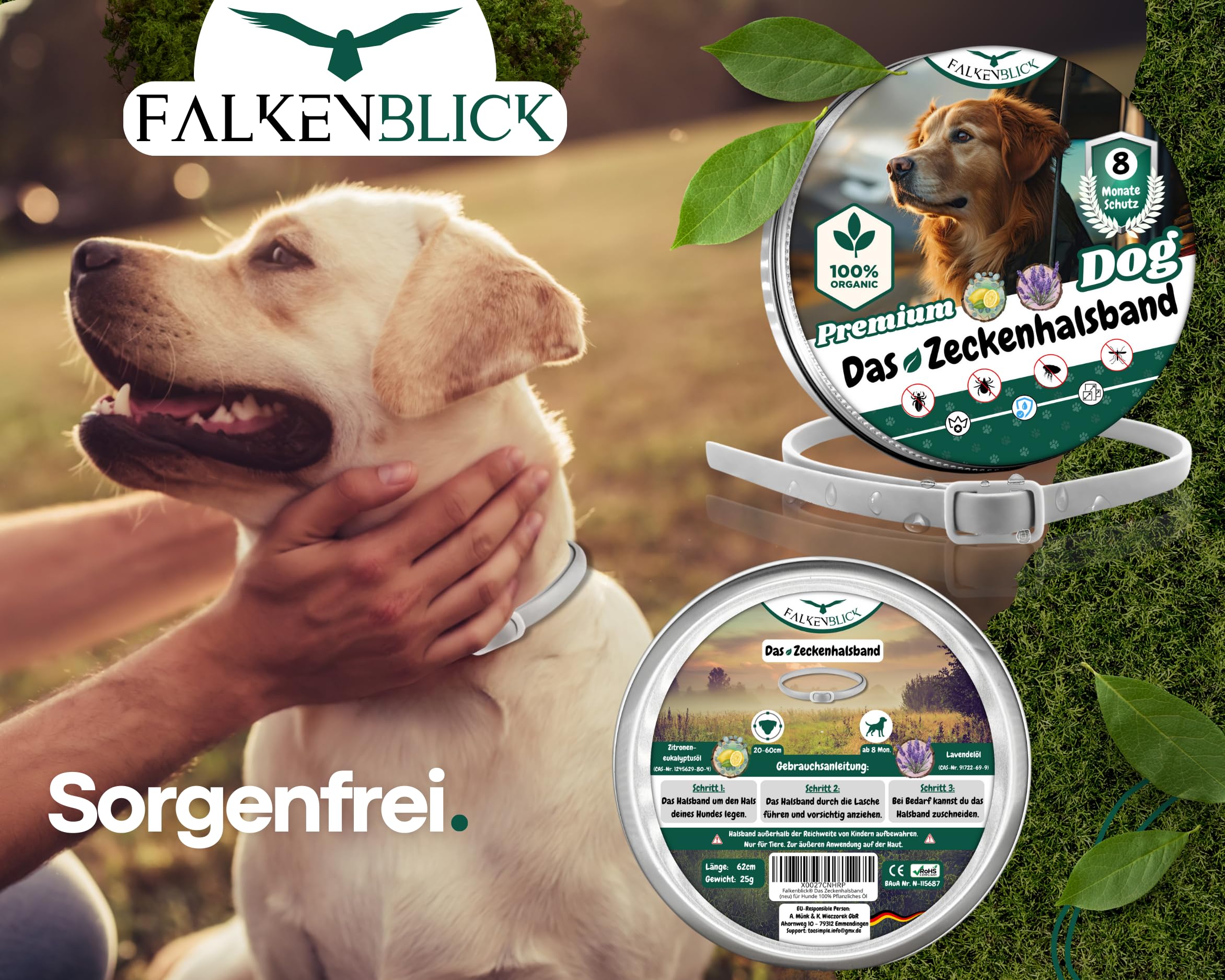 Das Zeckenhalsband für Hunde 100% Pflanzliches Premium Öl 2026 | Wirkungsvoller Schutz gegen Zecken Flöhe Mücken Läuse Ungeziefer Lavendel Zitroneneukalyptus - 8 Monate Wirkungsdauer