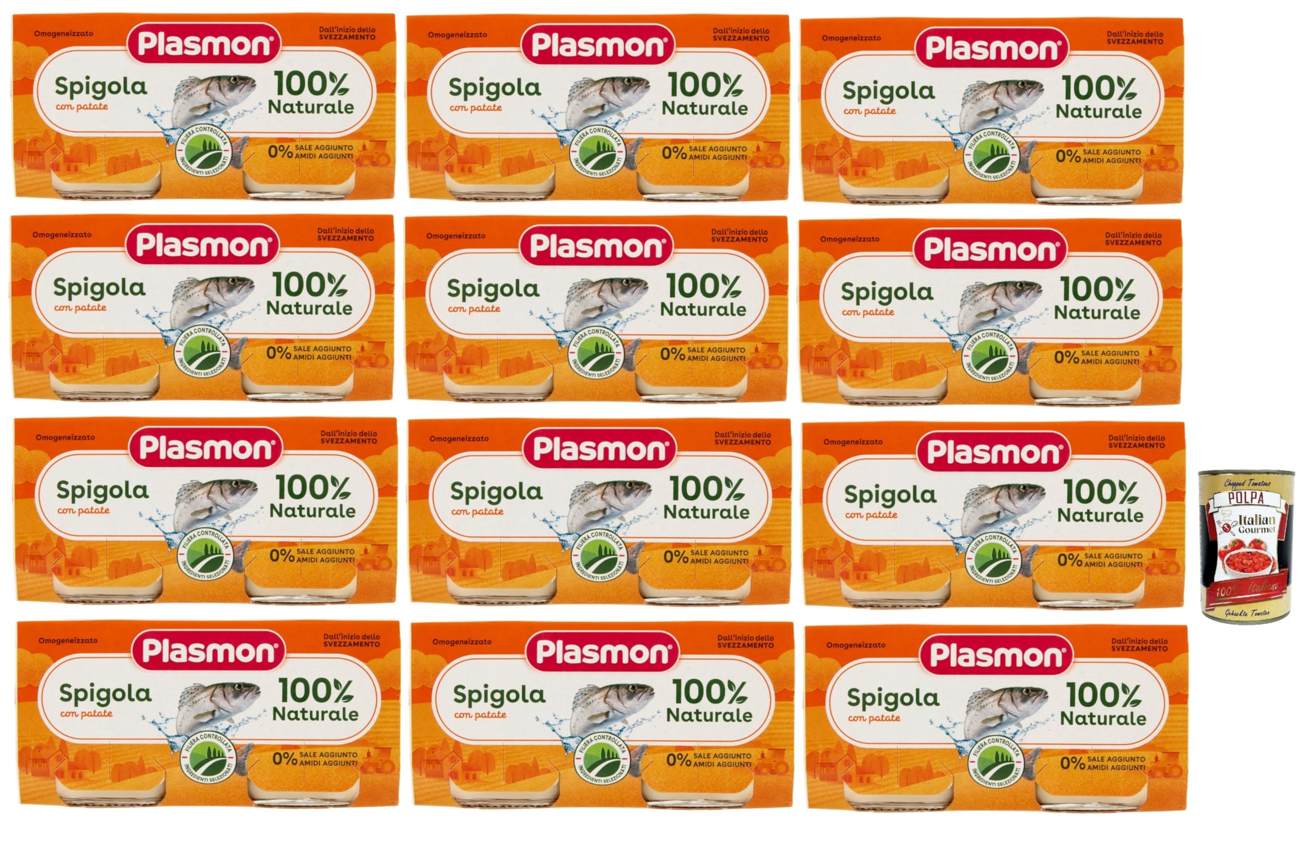 Plasmon Pesce Spigola con Patate, 12x (2x 80g), Mit ausgewählten Zutaten, 100% natürlich, Ohne Stärken und Salz hinzugefügt + Italian Gourmet polpa 400g