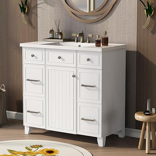 Miniatura 3 de Merax Armario de tocador de baño de 36 pulgadas con parte superior del fregadero, lavabo individual, armario agitador con puerta y cajón de cierre