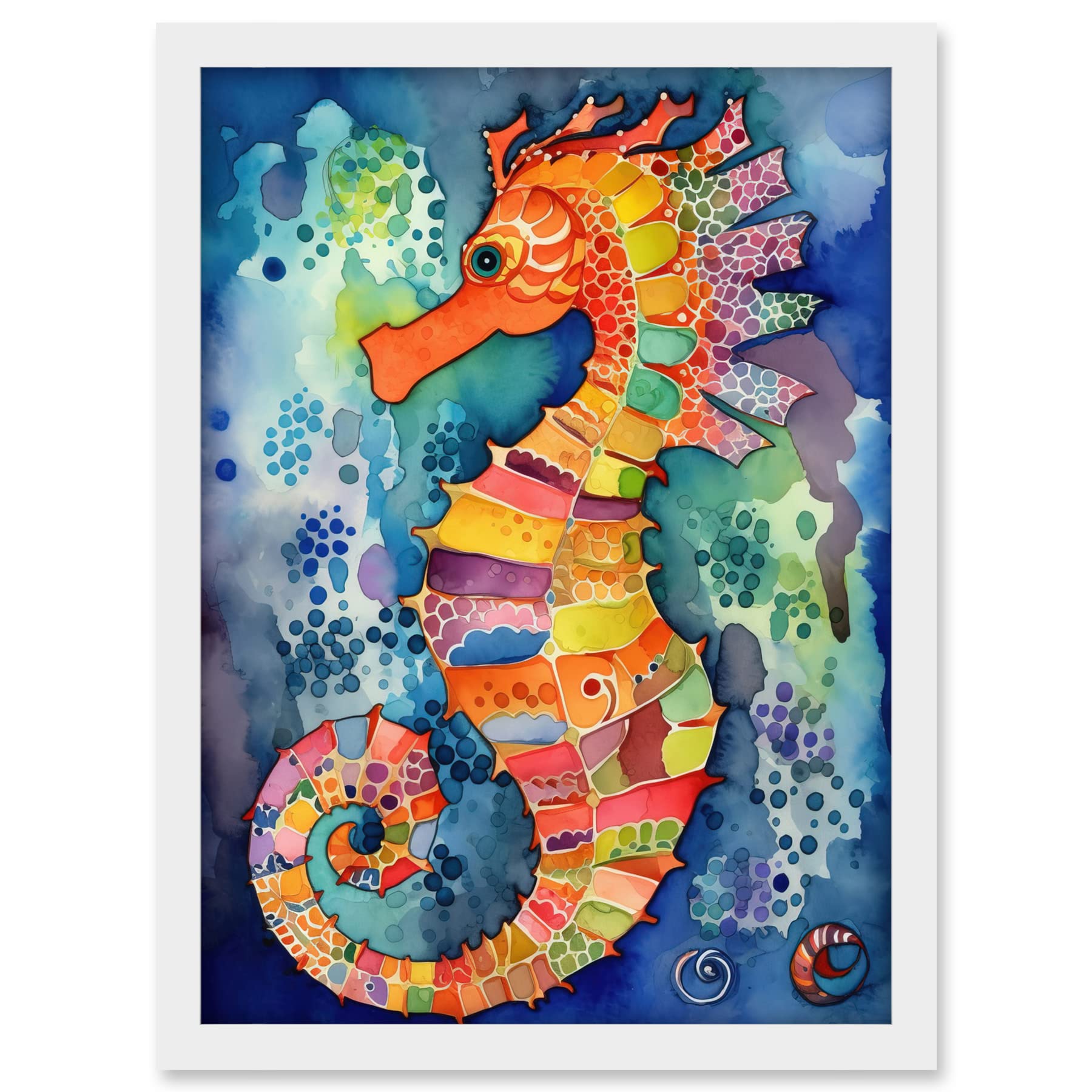 Artery8 Vibrant Colour Pattern Seahorse Folk Art Artwork Framed A3 Wall Art Print