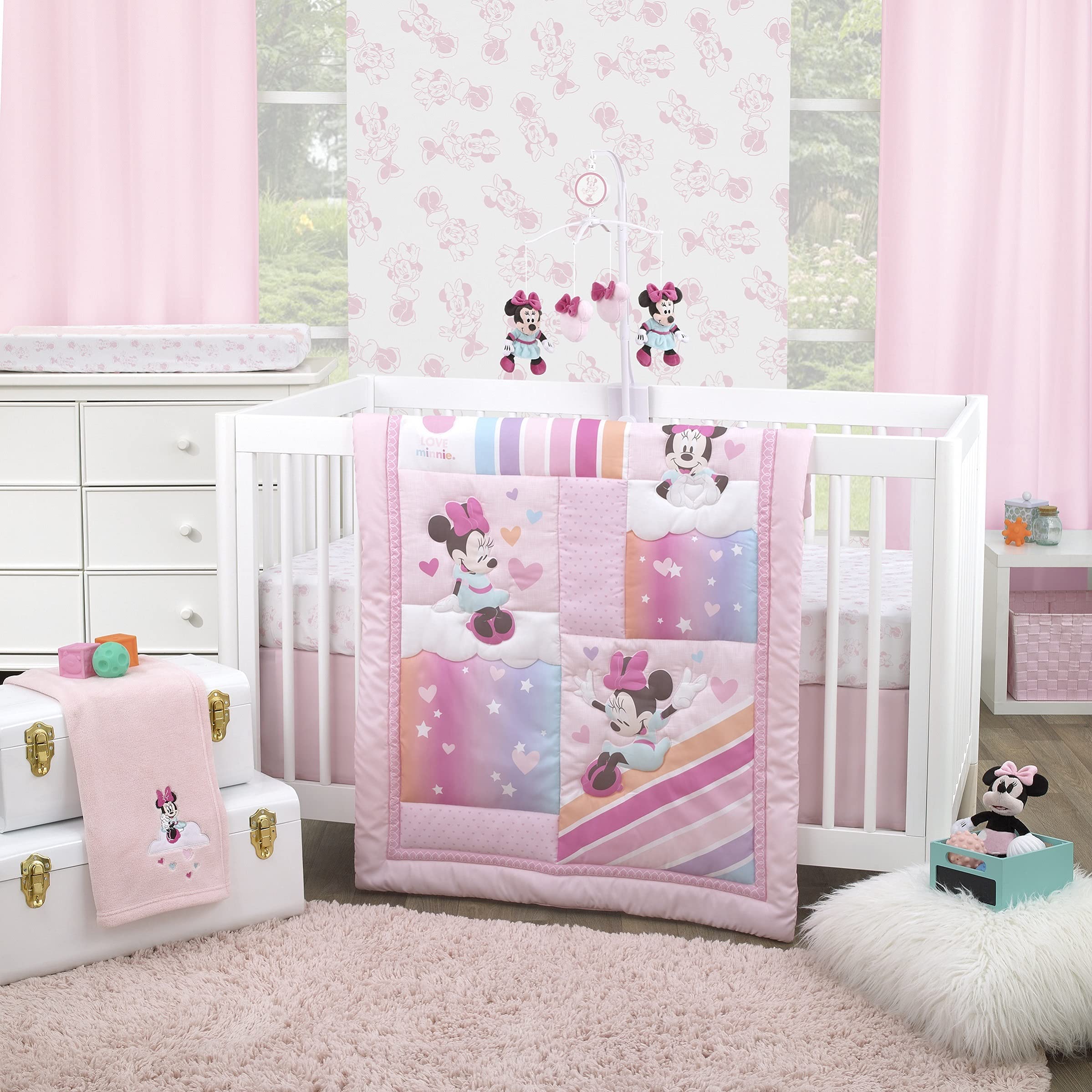 Disney Minnie Mouse Be Happy Pink, Aqua & White Super Soft Baby Blanket with Cloud Applique, Pink, White