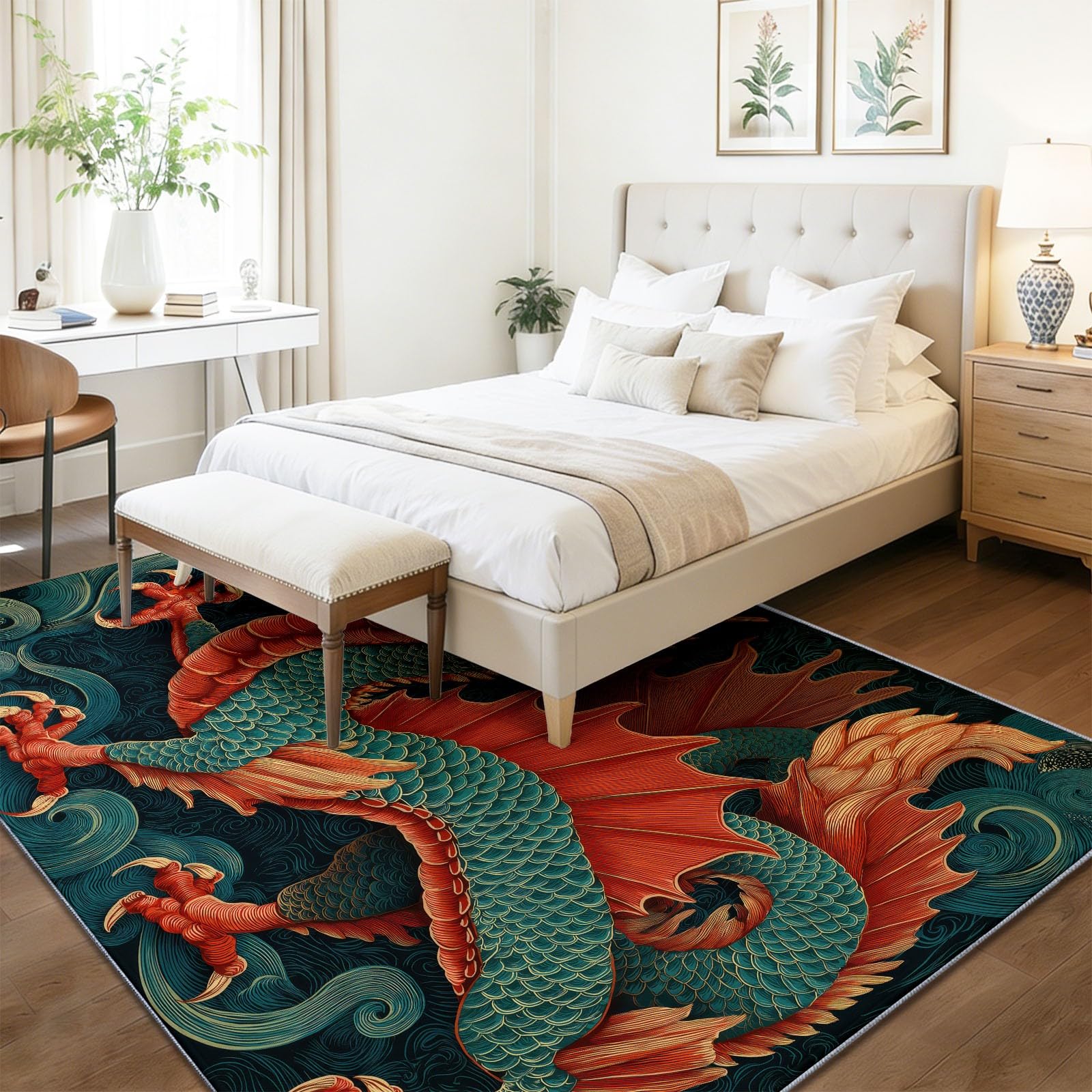 Dywan do salonu Można prać w pralce zielony pomarańczowy orientalny smok ogień niskie włosie antypoślizgowy z nadrukowanym wzorem dywan sypialnia do sypialni, 80 x 150 cm