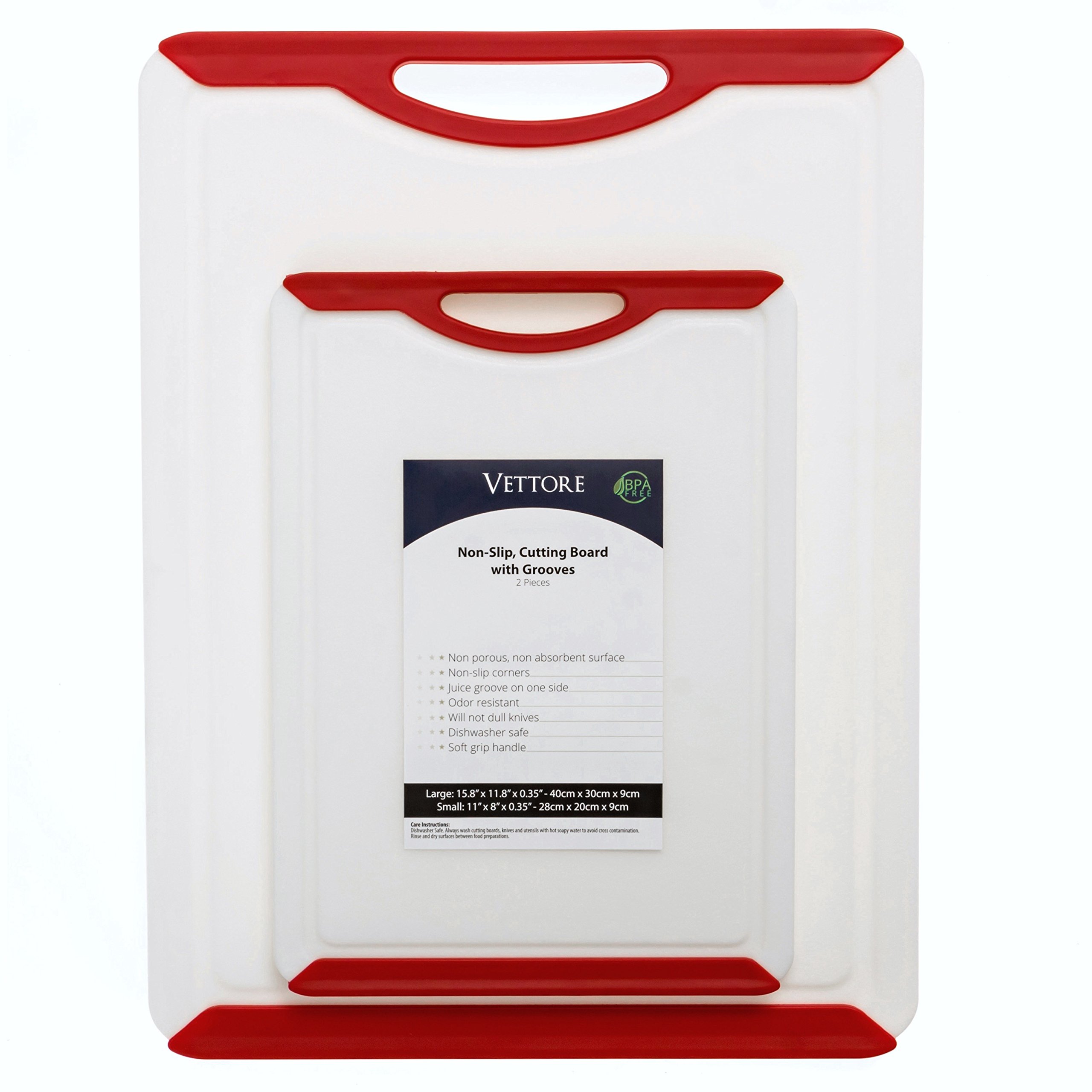 Vettore Non Slip Poly Cutting Board Set With Juice Groove Dishwasher Safe BPA Free Plastic With Rubber Feet (Set of 2, Red)