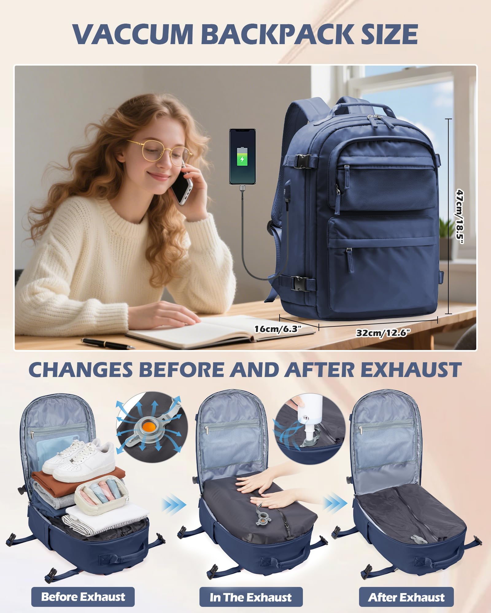 BJLFS Borse da Cabina per Ryanair 40×30×20 Zaino da Viaggio con Sottovuoto Bagaglio a Mano 40x20x25 Easyjet 45×36×20,Zaino con sistema di compressione,Zaino Casual per laptop da 14 pollici per scuola