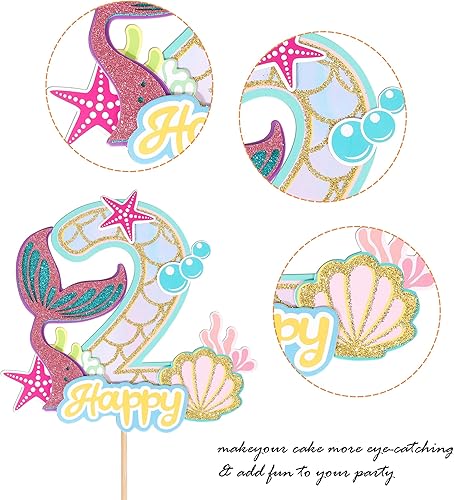 Miniatura 10 de 1 paquete de decoración de pastel de sirena para 5 cumpleaños, feliz cumpleaños, océano, criatura del mar, decoración de pastel de sirena para niños