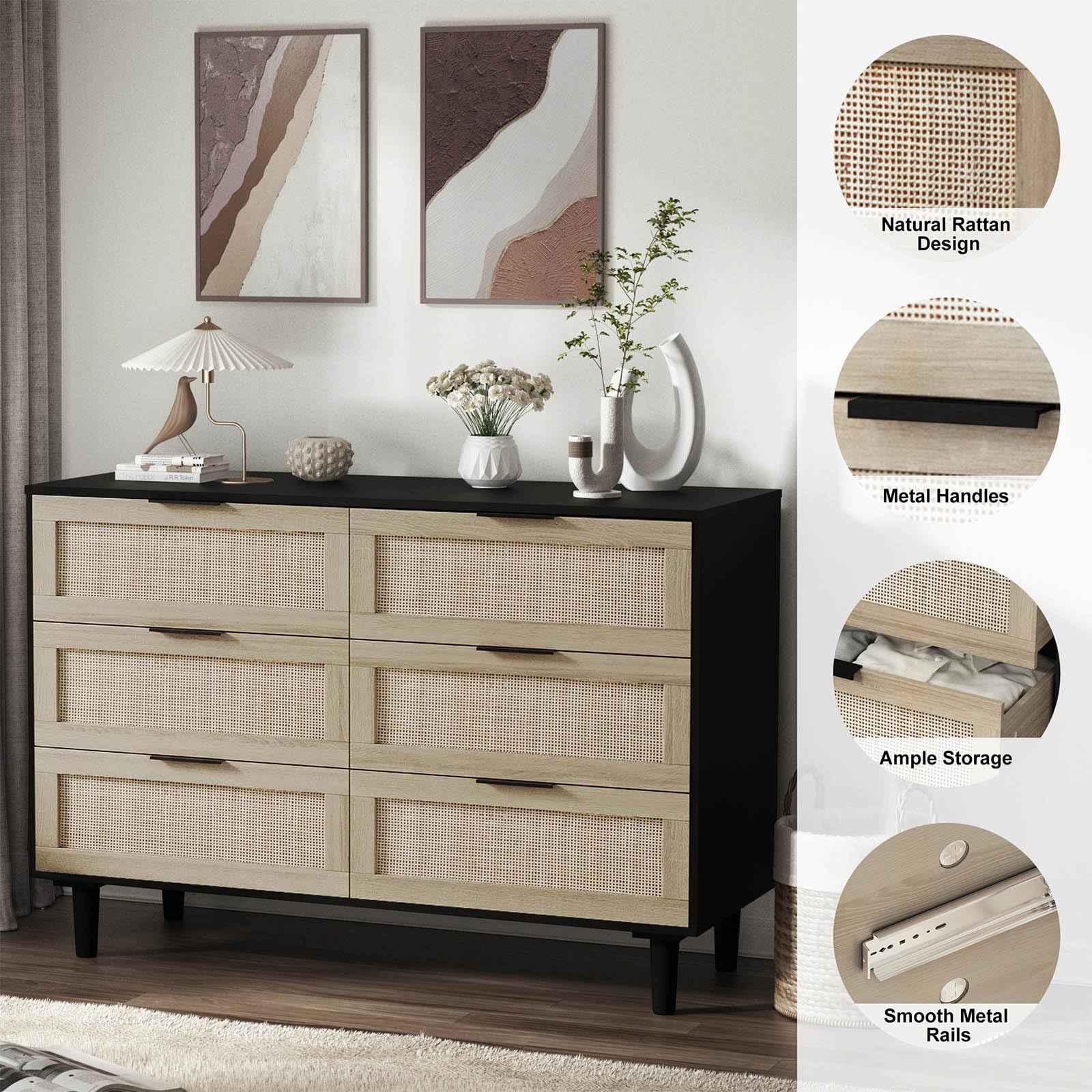 Amazon.com: 6 Drawer Boho Rattan Dresser, 51" Black Dresser for Bedroom,  Modern Wood Dresser Bedroom Furniture with Black Metal Handles & Wooden  Legs : Home & Kitchen