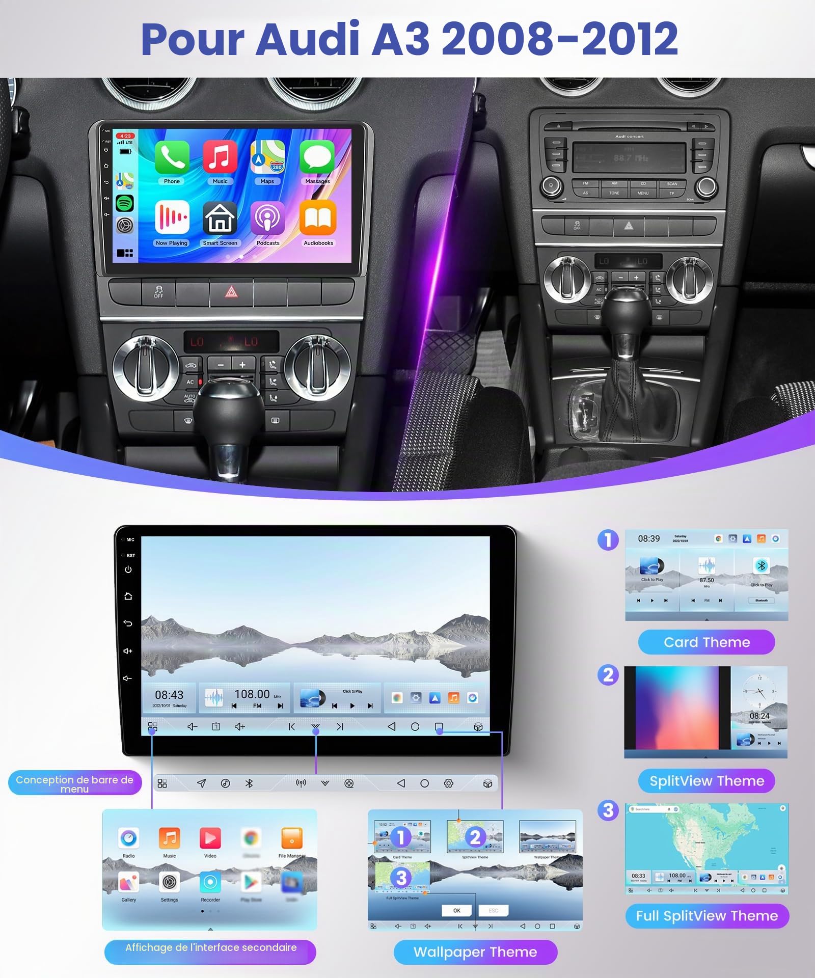 4G 64G VECHTEL Android 15 9" Autoradio pour Audi A3 S4 RS4 8E B6 B7 2008-2012,Q-Snapdragon,8 cœurs,Carplay Android Auto Bluetooth WiFi GPS RDS/FM DSP,1280 * 720,Radio 2 din avec caméra de recul AHD