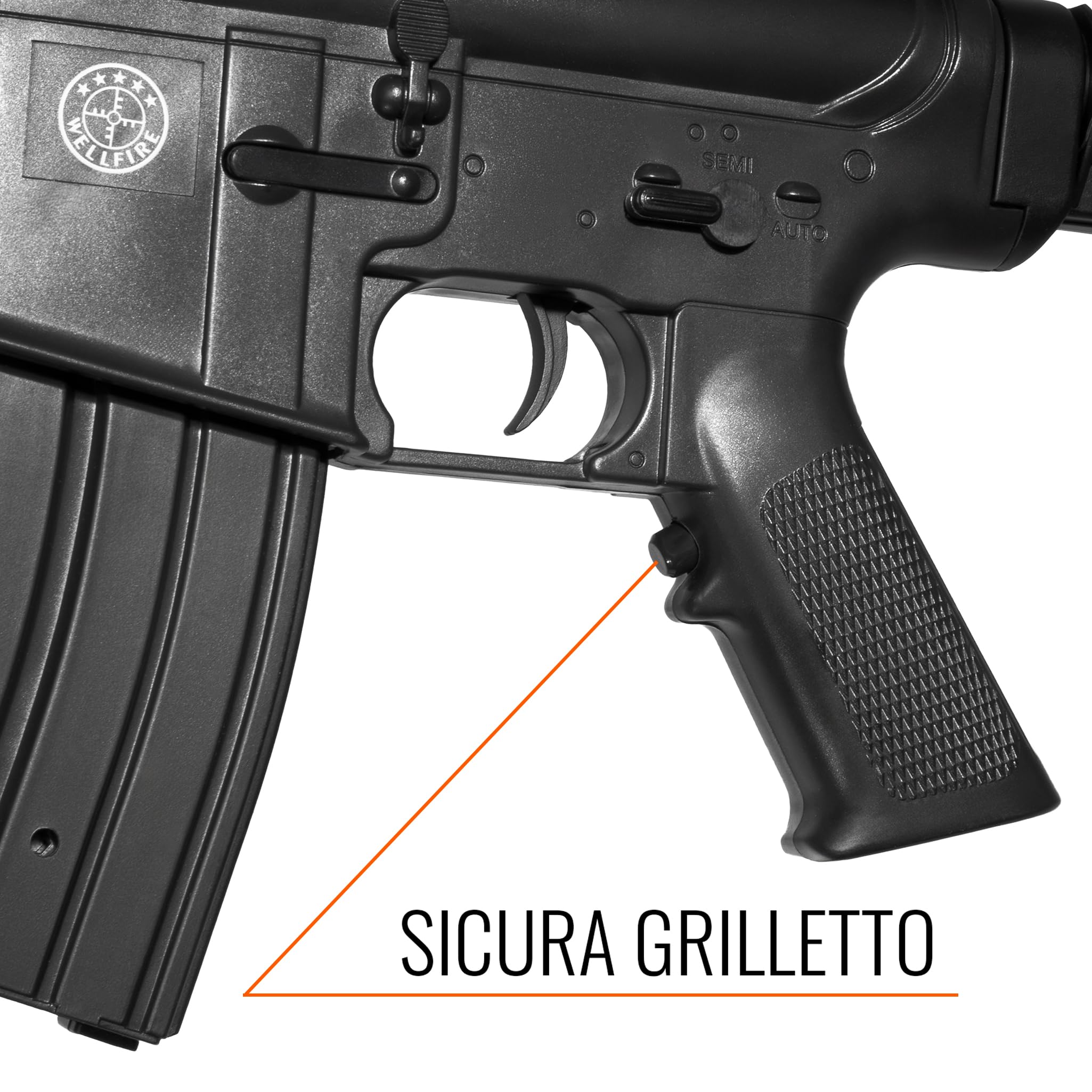 Fucile softair elettrico D94 nero, ABS resina, 2 caricatori 170 pallini, sicura singolo full-auto, calcio retrattile, Ni-MH 4.8V 700mAh + caricabatterie, POTENZA 0,9 JOULE