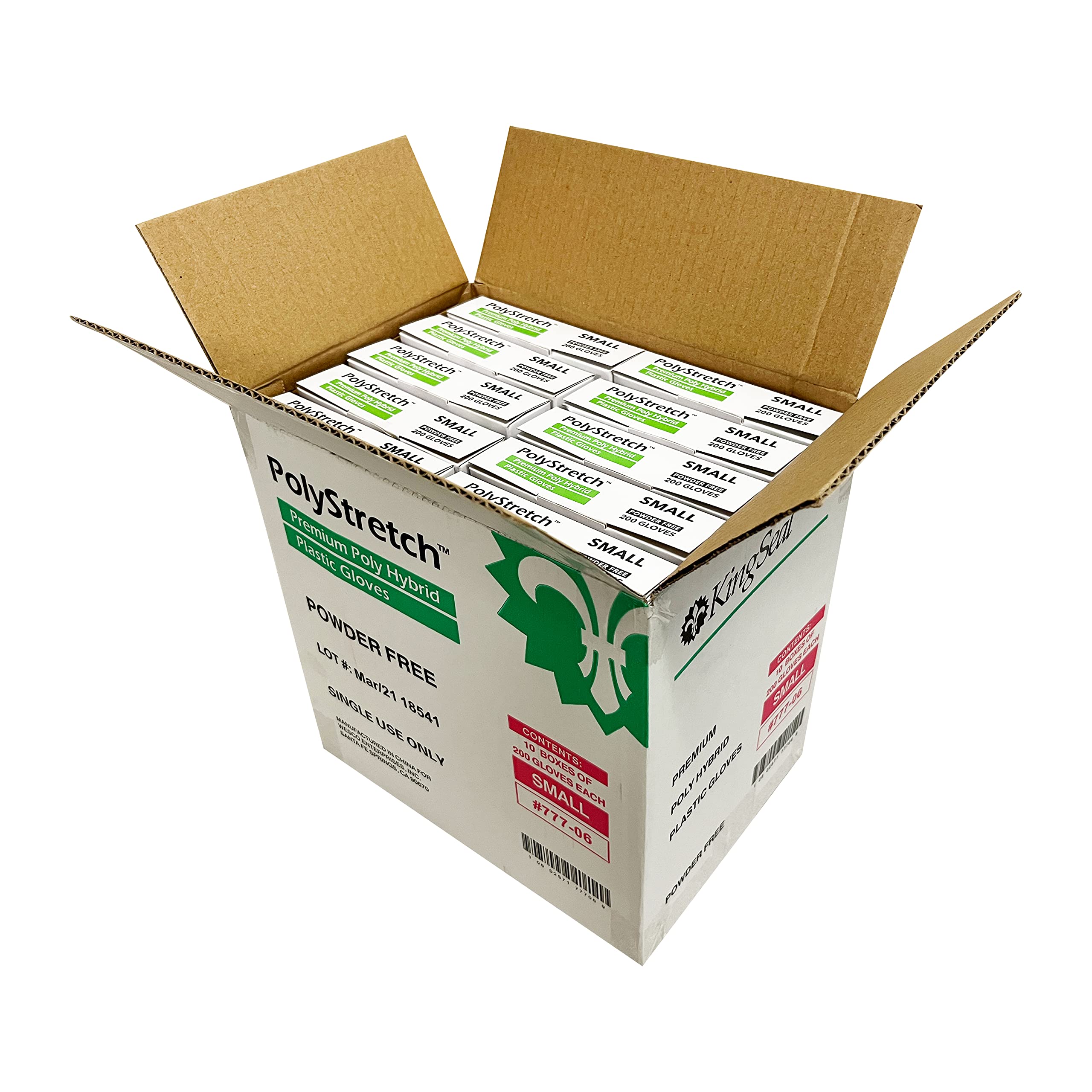KingSeal PolyStretch TPE - Guantes desechables híbridos de polietileno, sin polvo, sustituto de guante de vinilo, tamaño pequeño, 10 cajas de 200 guantes por peso (2000 unidades)