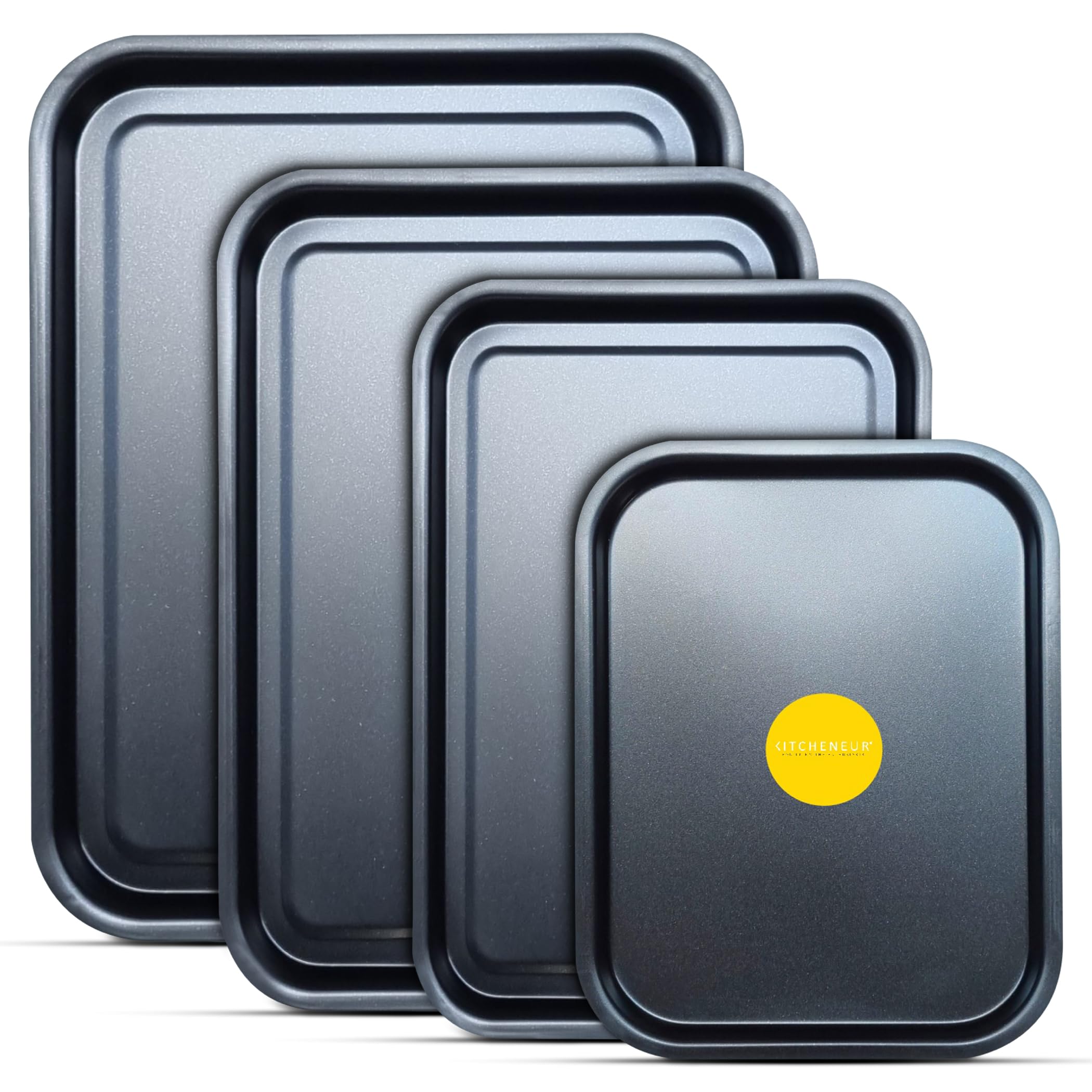 4-Pack - Baking Tray and Roasting Tray Set - 38cm, 35cm, 32cm, & 28cm Baking Tray Set Tray/Pan in Black, Non-Stick, Multi-Pack Set Oven Trays - Dishwasher Safe and Easy Clean. by KITCHENEUR®