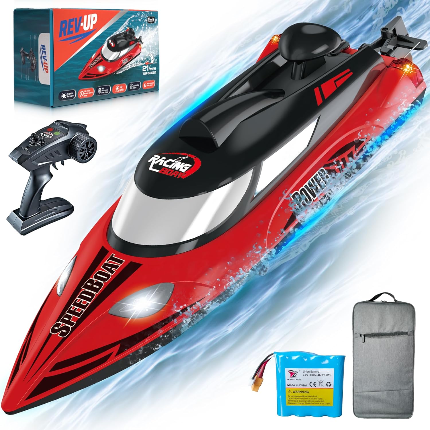 REV-UP RC Boat with Travel Bag - 21 MPH Fast RC Boats for Adults, Hobby-Grade Remote Control Boat for Pool and Lake - Self Righting Remote Control Boats, 2.4GHz Large Racing Ship with LED Lights