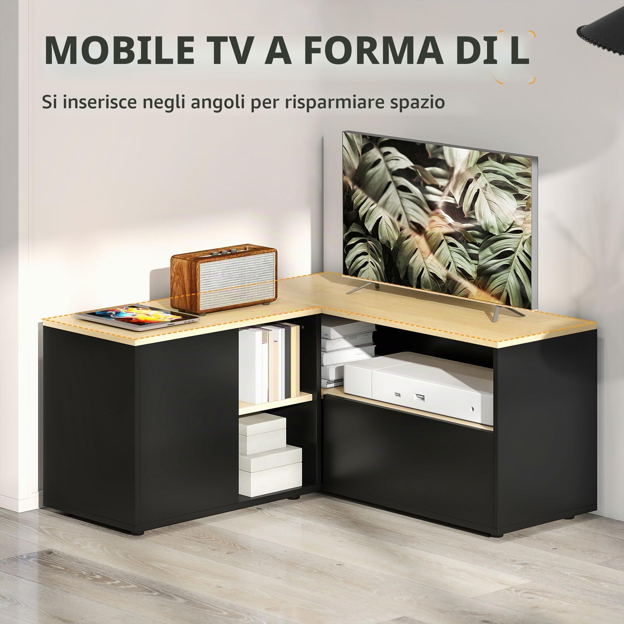 HOMCOM Mobile TV Angolare con Ripiani fino a 40 Pollici Quercia Nera