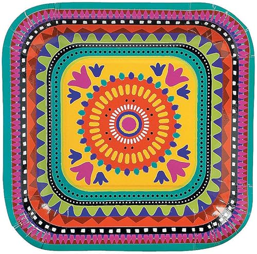 Fun Express Fiesta - Plato cuadrado de postre de papel para el Cinco de Mayo, platos de postre desechables, platos y tazones de impresión para