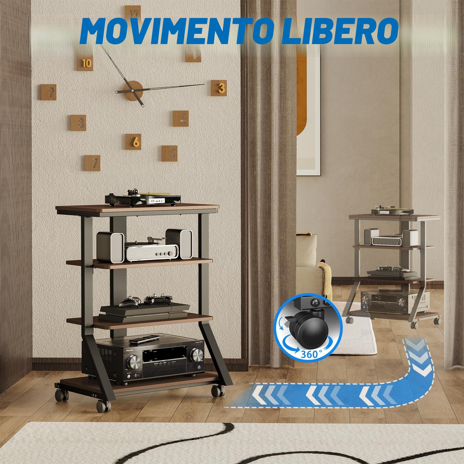 5Rcom Rack e supporti HiFi Audio Rack Armadio AV Mensola Movimento Stand 4 Ripiani in legno per Giradischi Lettore DVD Unità di intrattenimento Multifunzionale Altezza Regolabile Capacità di carico 54