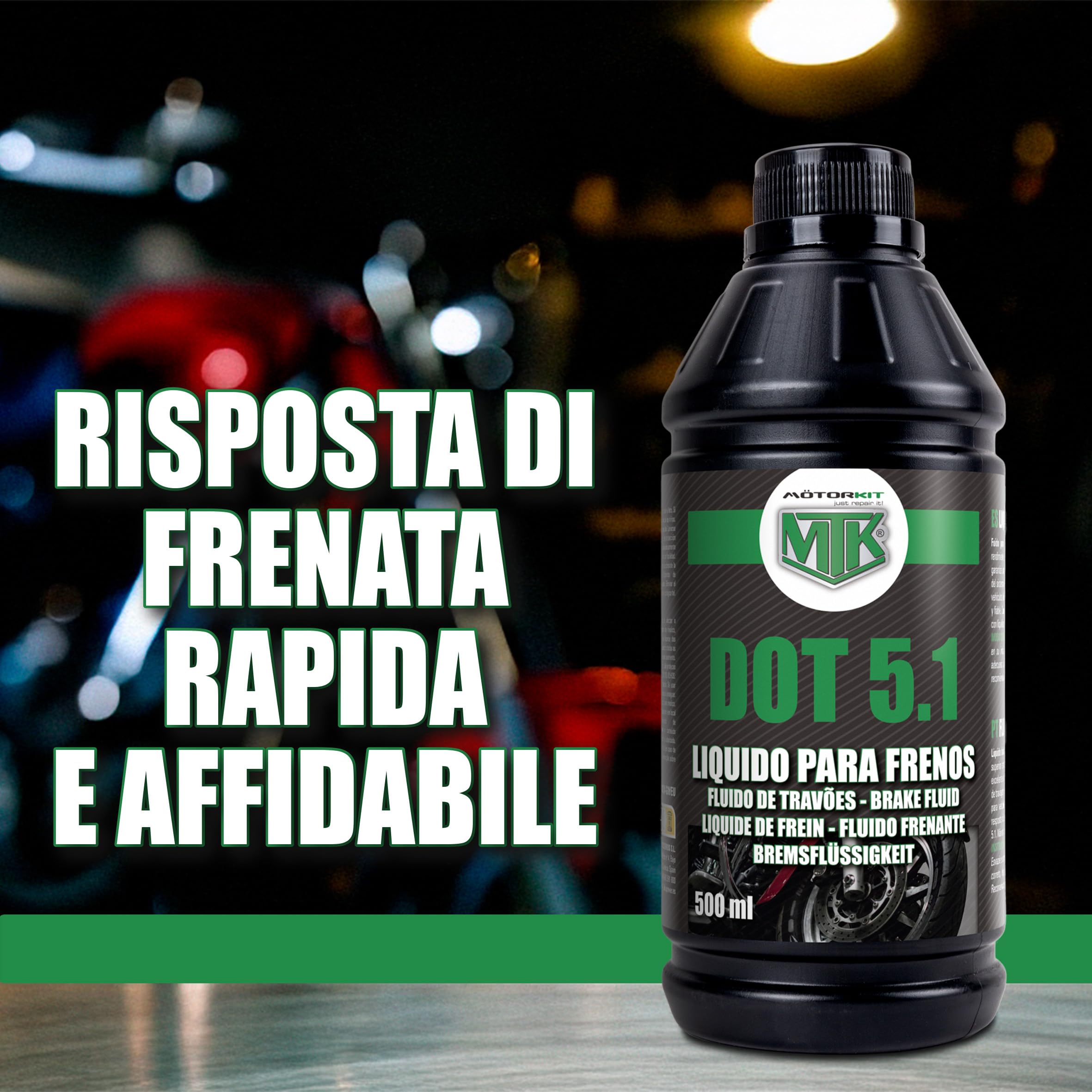 Motorkit Fluido Freni DOT 5.1 500 ml. Prestazioni Superiori in Condizioni Estreme. Conforme alla Norma ISO 4925.