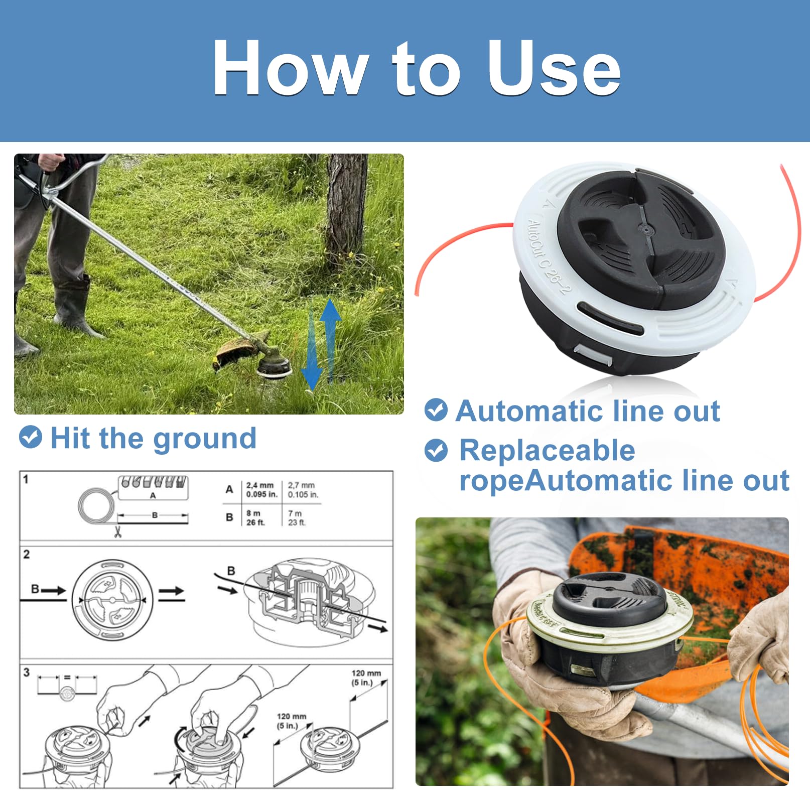 Tête de Coupe 2 pièces Tête de Débroussailleuse pour Stihl Autocut C26-2 FS55 FS55R FS56 FS80 FS85 FS90 FS100 FS110 FS120 FS250 Ligne de Coupe à Tête Filetée 4002 710 2169