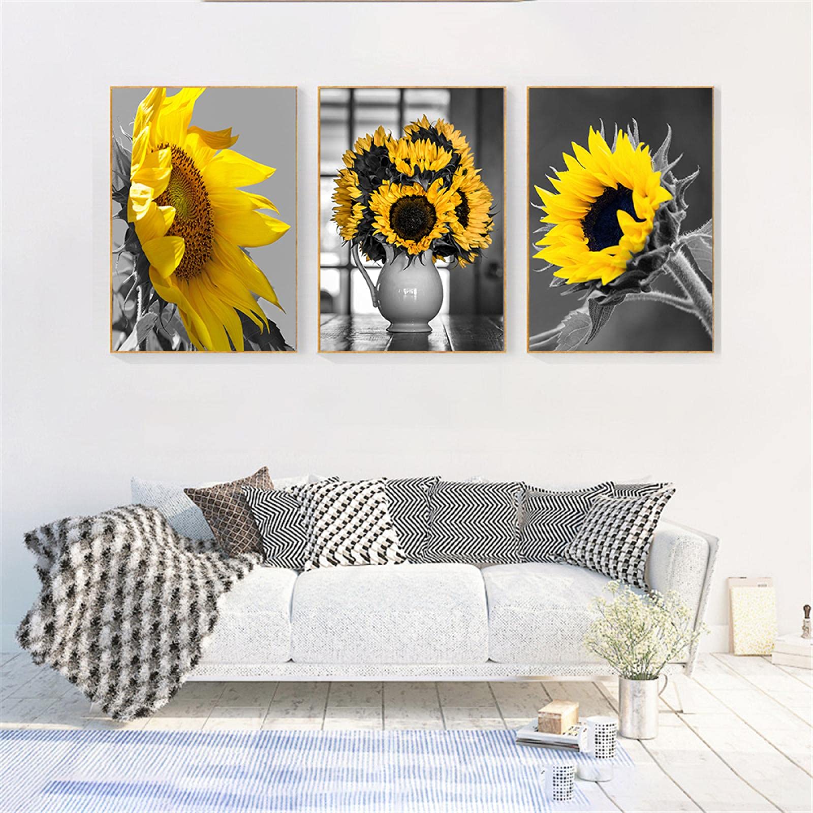 Carteles de arte de pared de girasol blanco y negro lienzo pintura de pared decorativa para sala de estar decoración del hogar imagen abstracta 40x60cmx3 sin marco