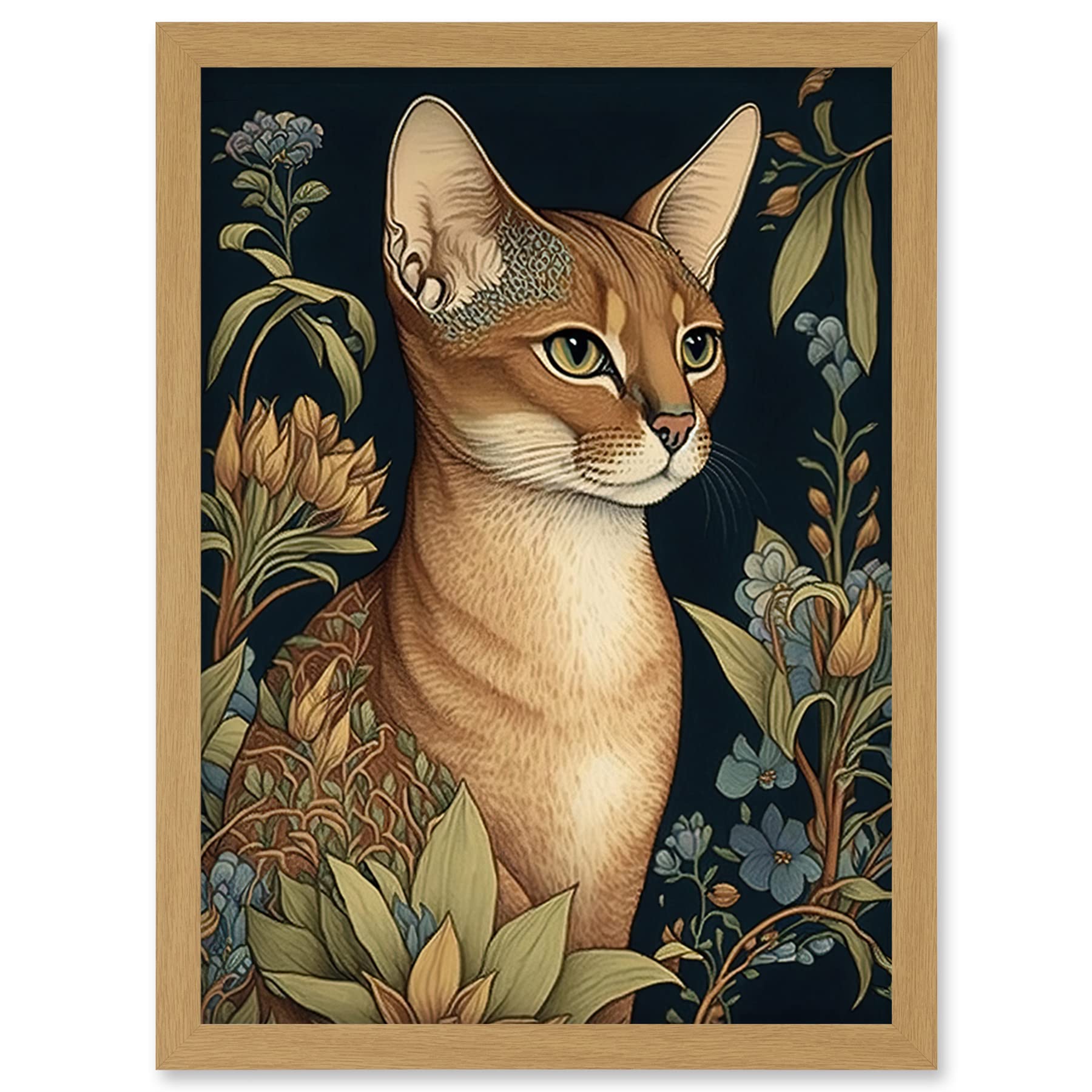 Artery8 Abyssinian Cat with Flowers Art Nouveau Modern Watercolour Illustration Artwork Framed Wall Art Print A4